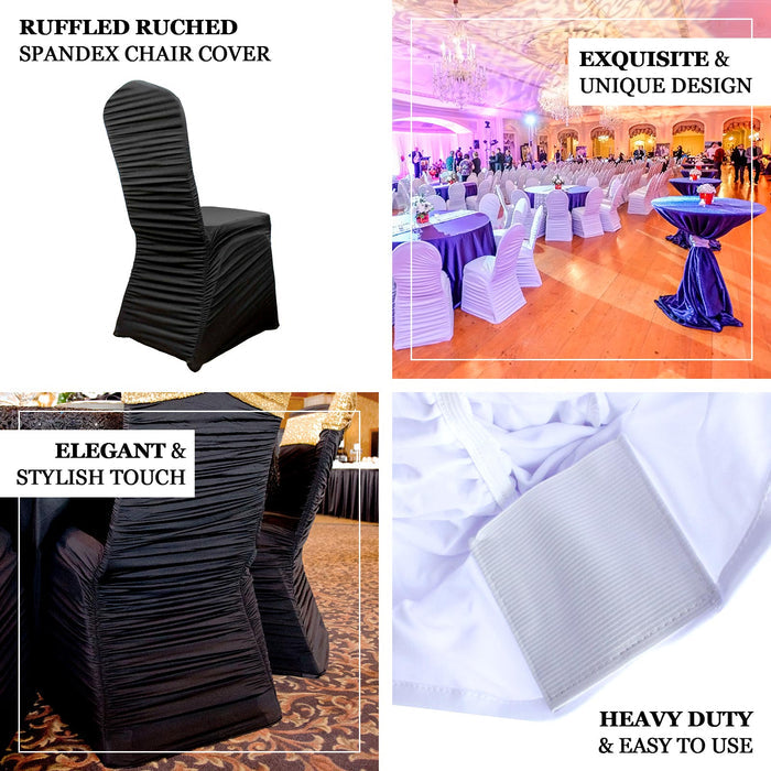 Black spandex fitted banquet chair cover for elegant events.