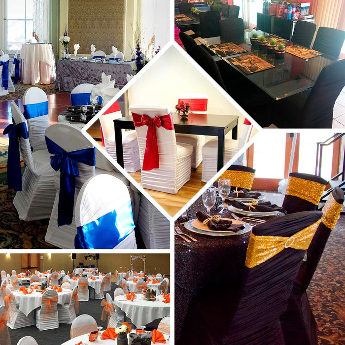 Black fitted banquet chair cover with elegant decor accents.