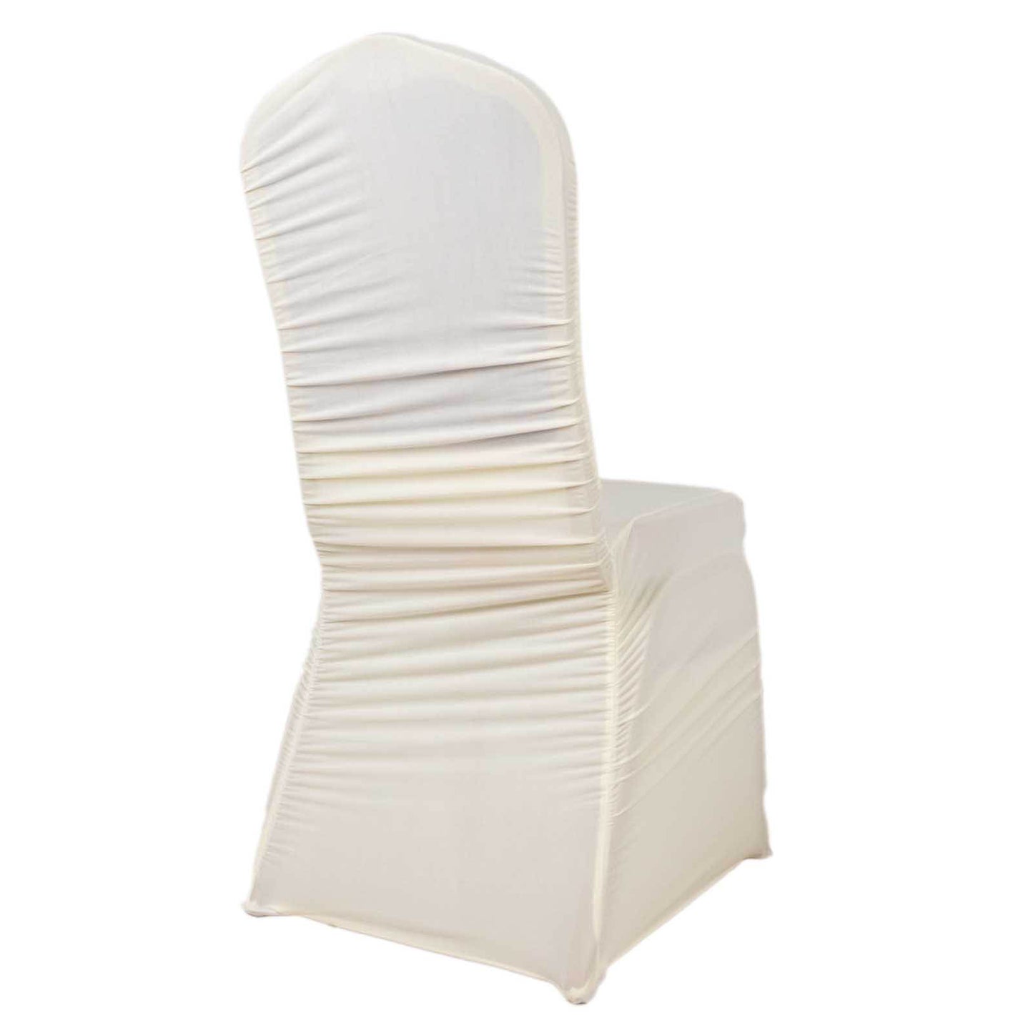 Ivory fitted banquet chair cover made of stretch spandex.