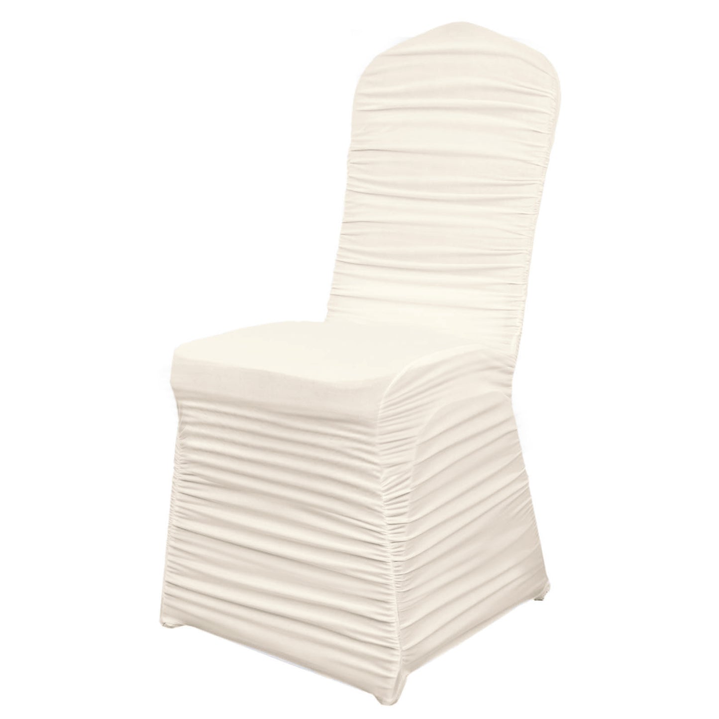 Ivory fitted banquet chair cover in stretch spandex material.