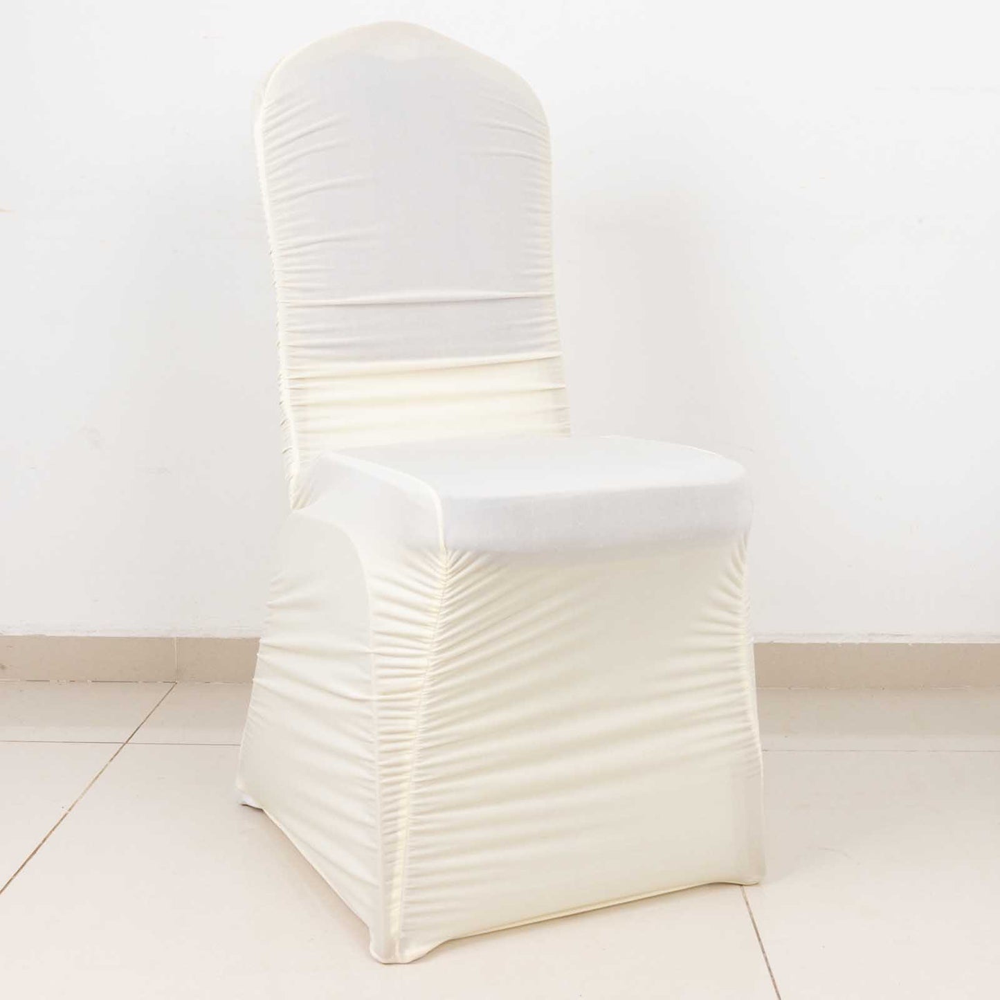 Ivory fitted banquet chair cover in stretch spandex.