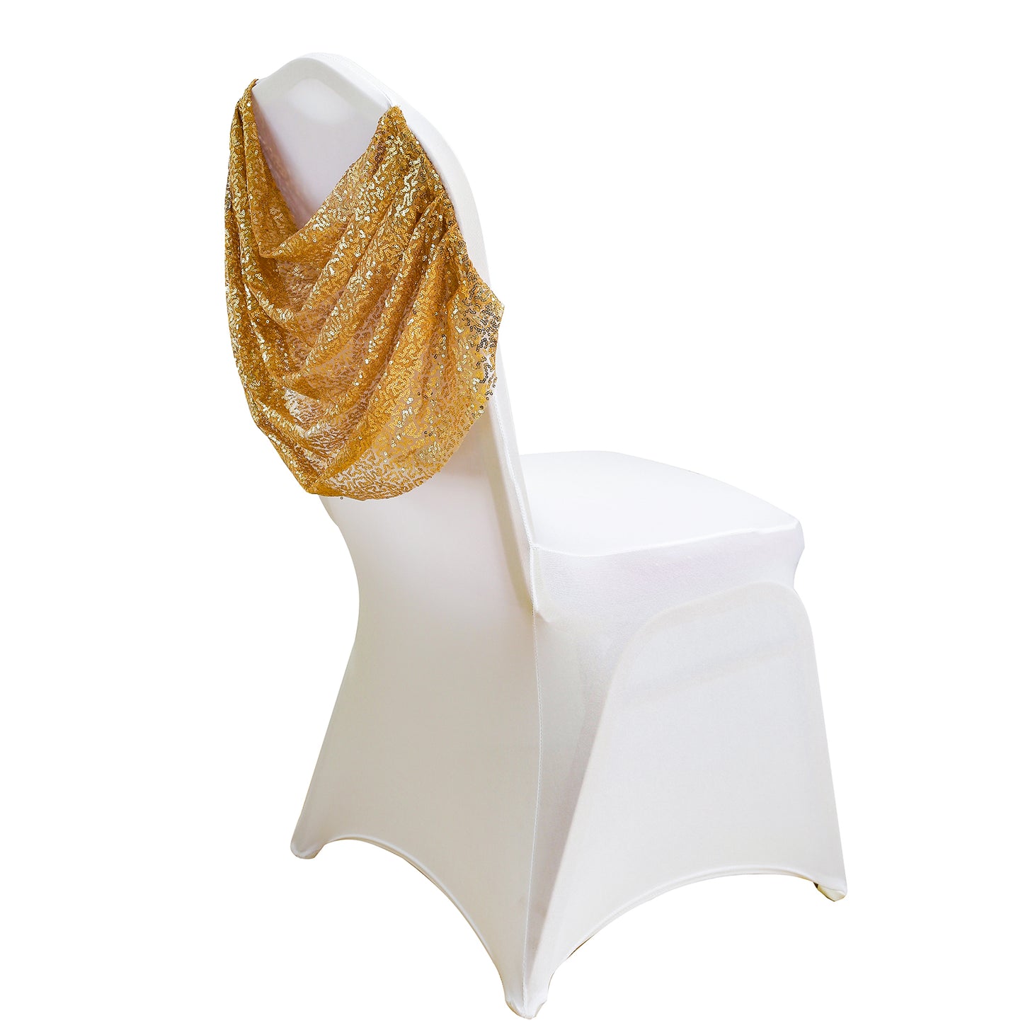 White Spandex Fitted Banquet Chair Cover with Gold Sequin Ruched Swag Back and Foot Pockets, Durable Slip-On Slipcover
