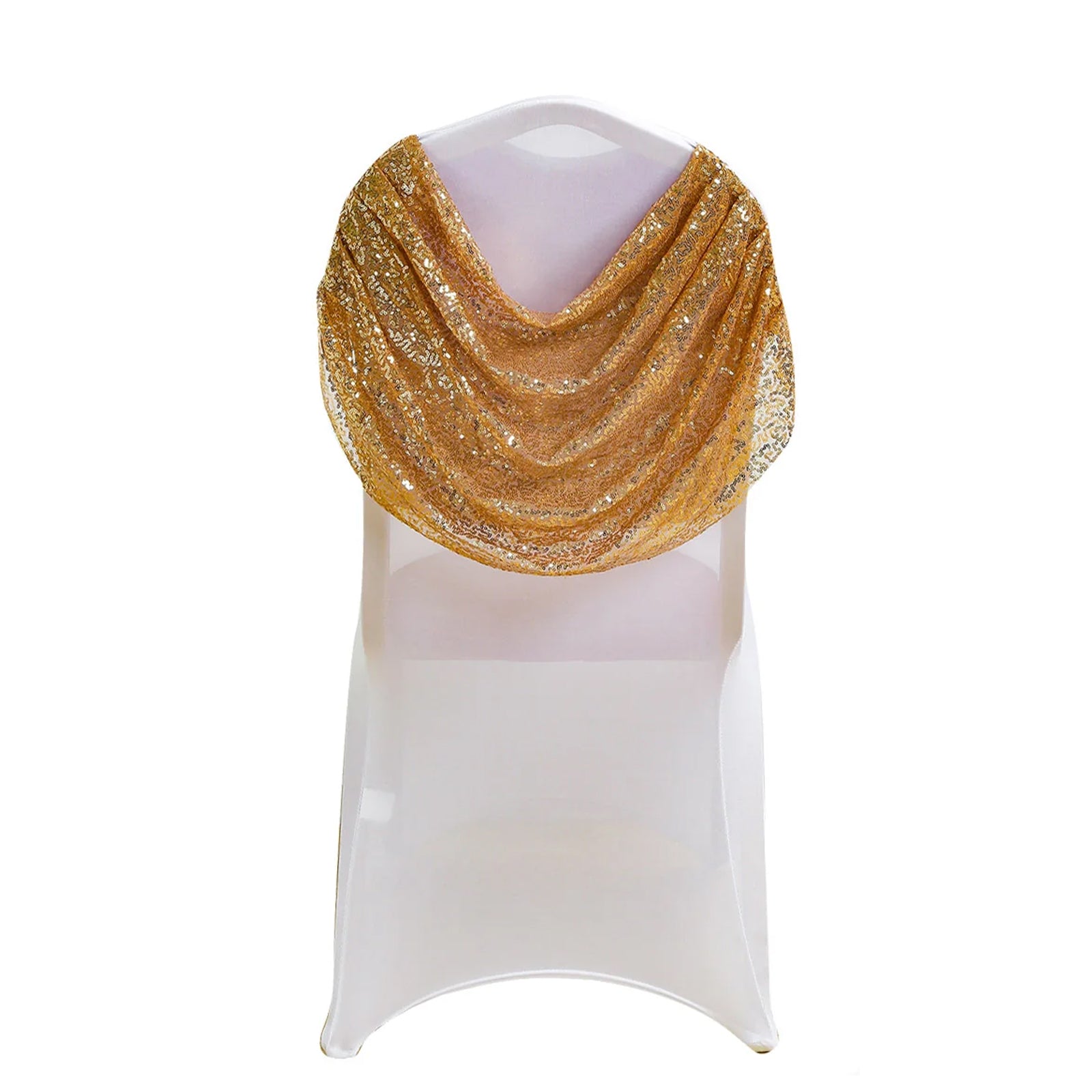White spandex banquet chair cover with gold sequin swag back.
