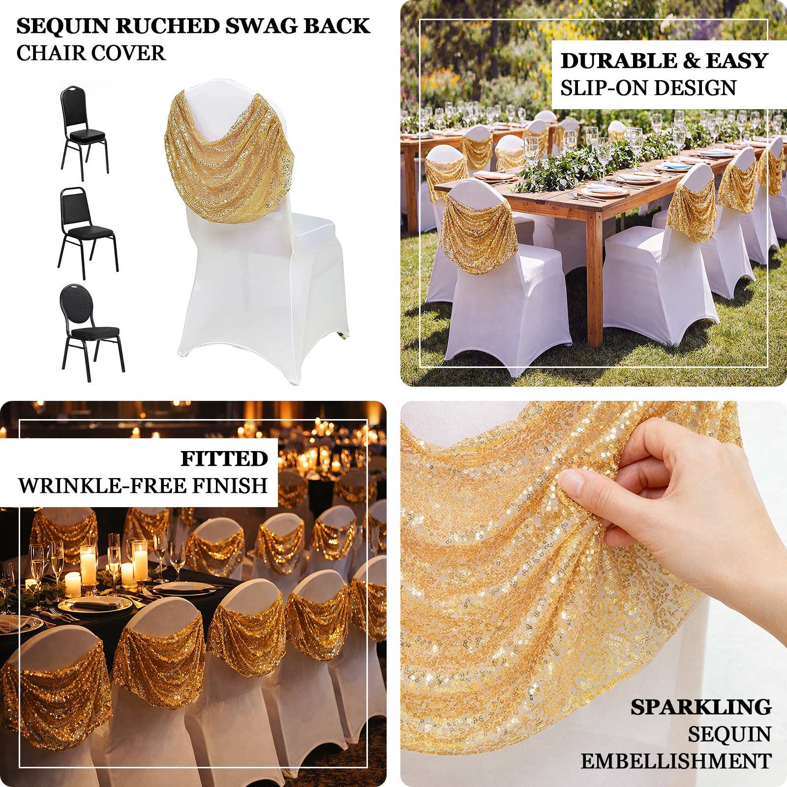 White spandex banquet chair cover with gold sequin swag back.