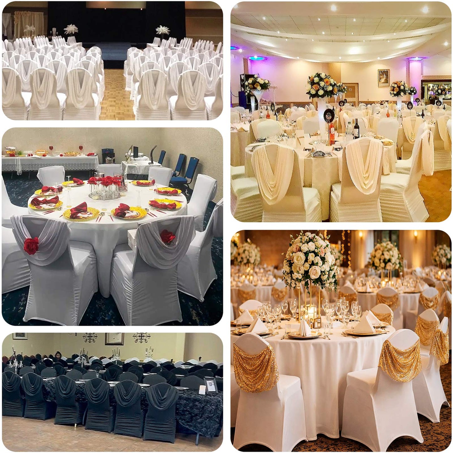 White spandex banquet chair cover with gold sequin swag back and foot pockets.