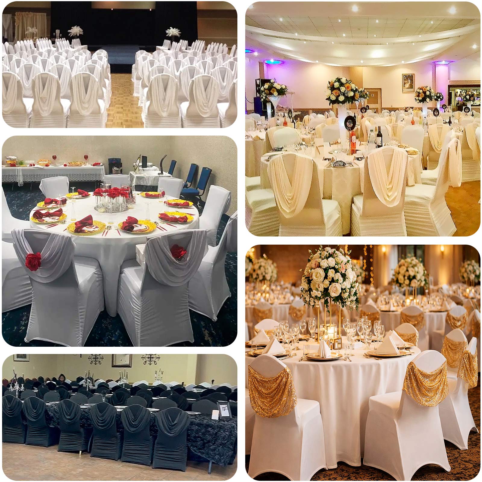 White spandex banquet chair cover with gold sequin swag back and foot pockets.