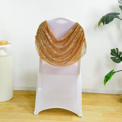 Spandex Banquet Chair Cover with Gold Sequin Ruched Swag Back
