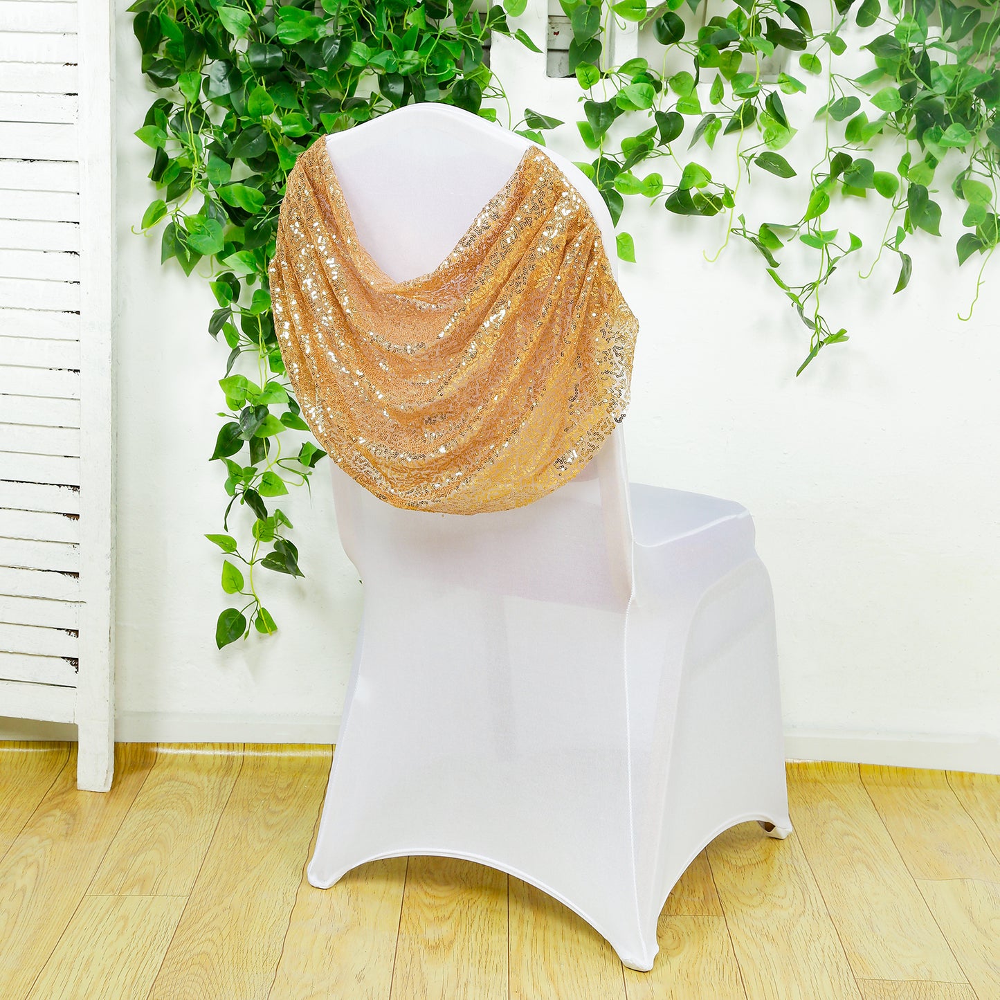 White Spandex Fitted Banquet Chair Cover with Gold Sequin Ruched Swag Back and Foot Pockets, Durable Slip-On Slipcover