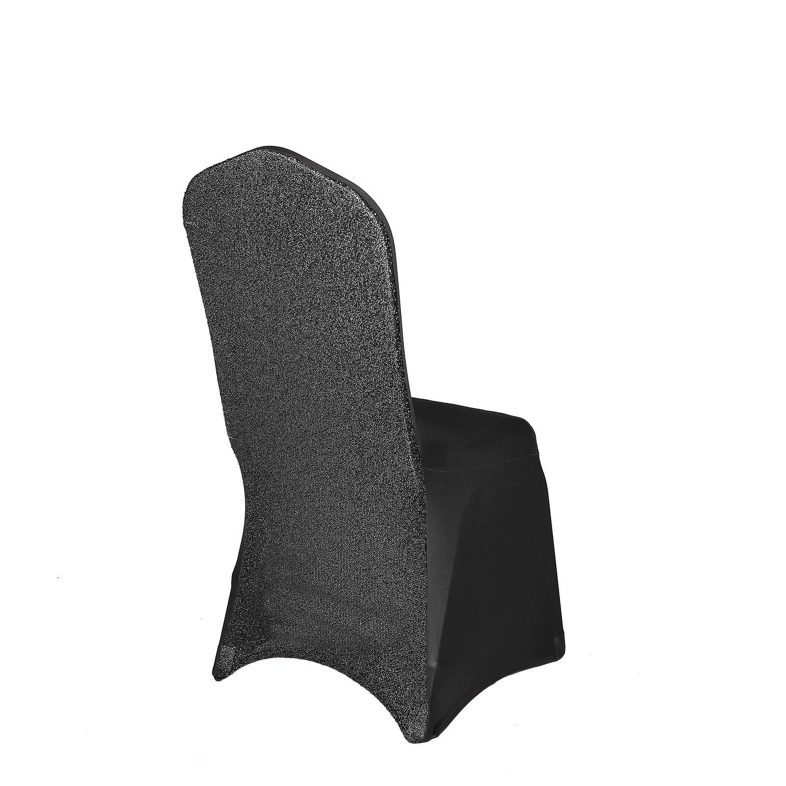 Black Spandex Stretch Banquet Chair Cover, Fitted with Metallic Shimmer Tinsel Back