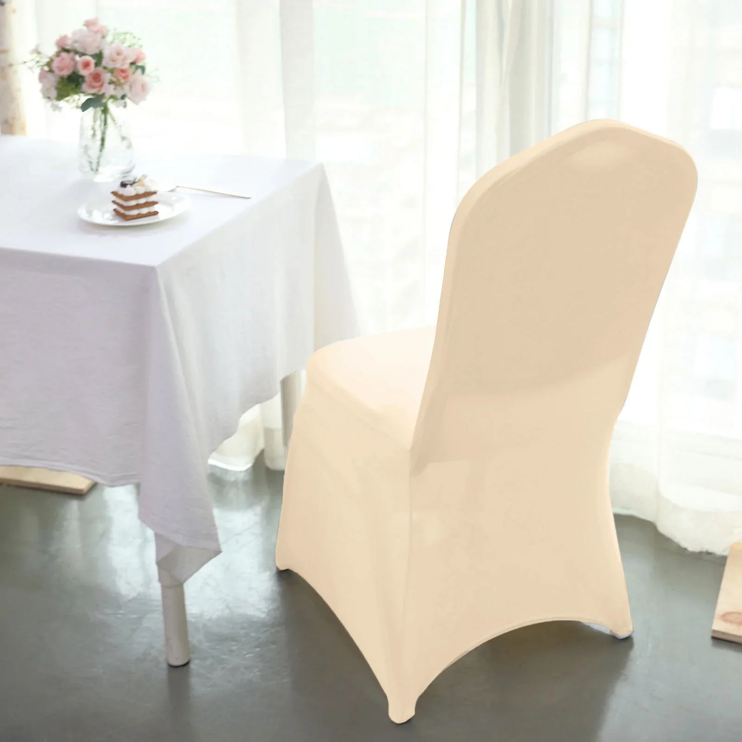 10 Pack Beige Spandex Fitted Banquet Chair Covers, Reusable Stretched Slip On Chair Covers