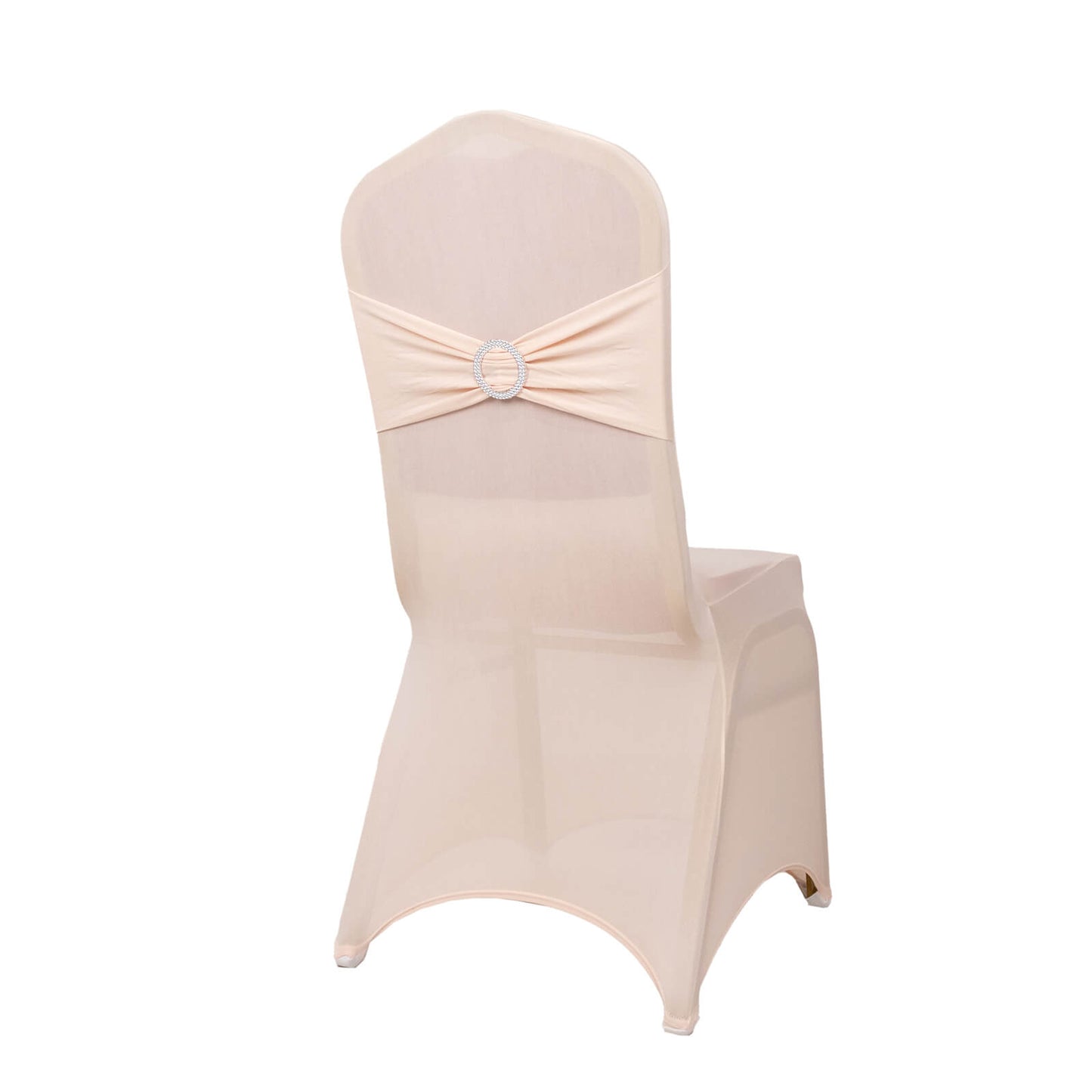 Blush spandex banquet chair cover with silver rhinestone sash.