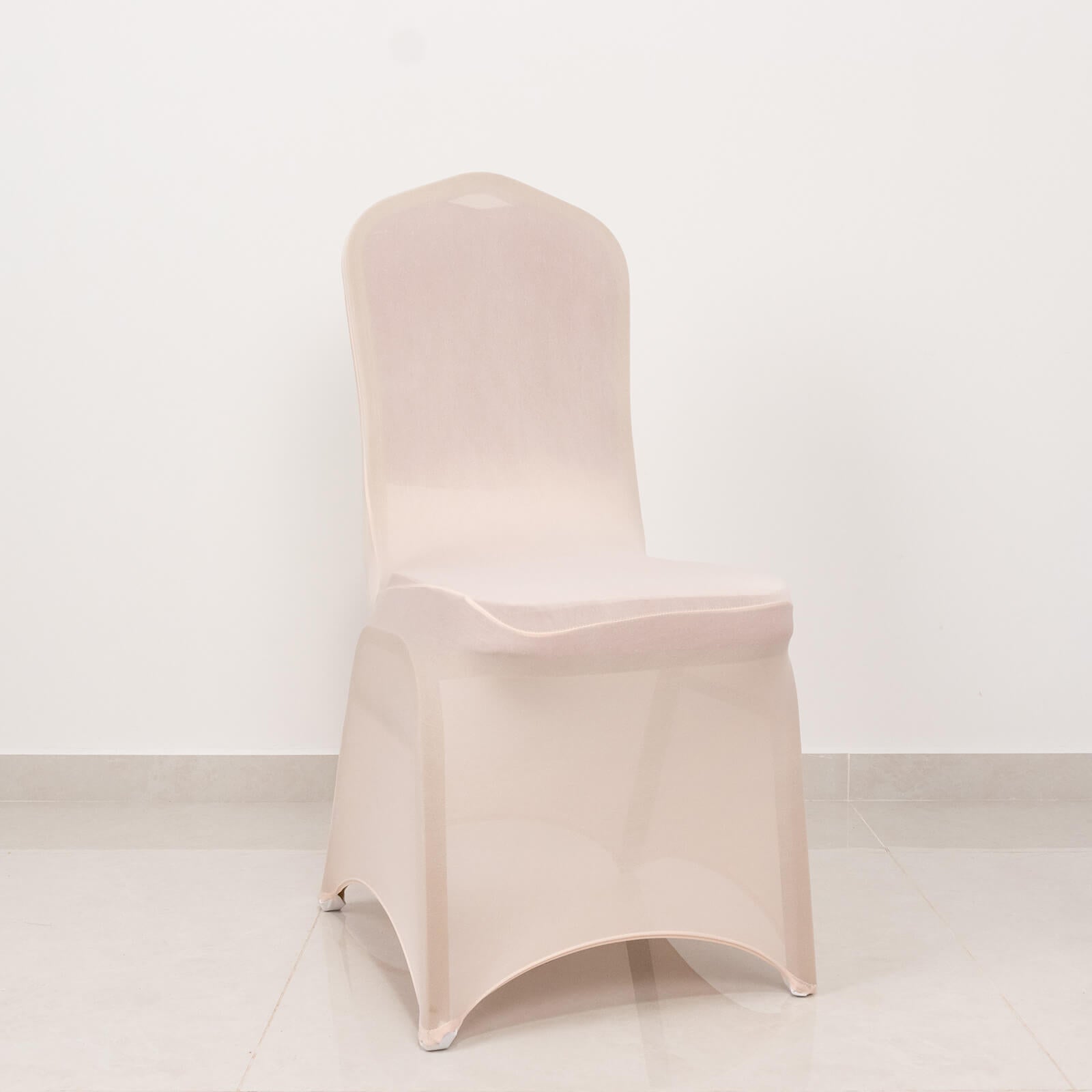 Blush spandex banquet chair cover with rhinestone sash band.