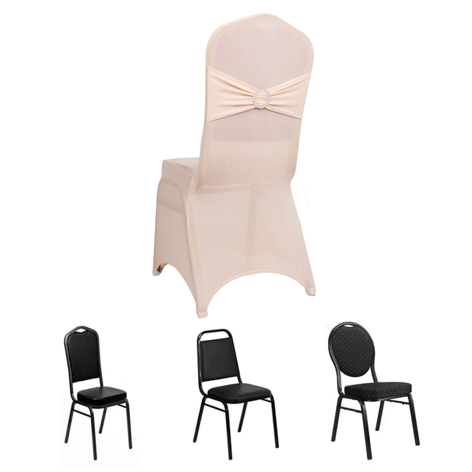 Blush spandex banquet chair cover with silver rhinestone buckle.