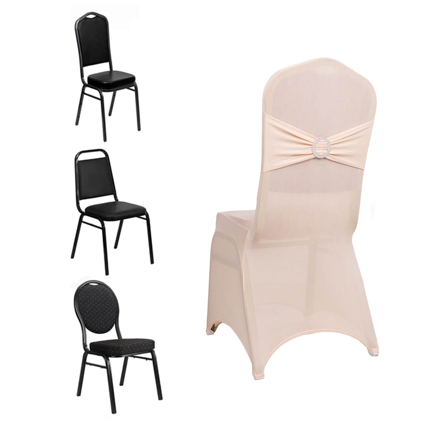 Blush spandex banquet chair cover with rhinestone sash band.