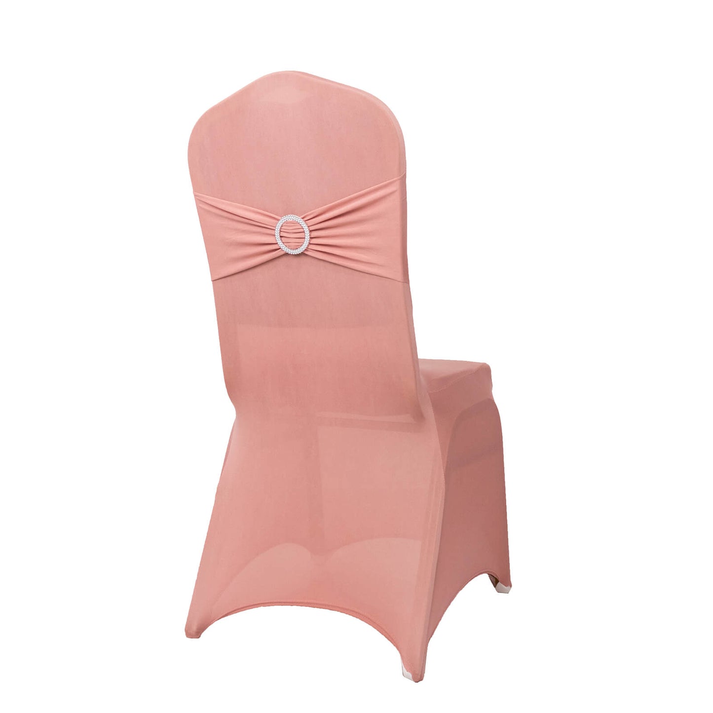 Dusty rose spandex banquet chair cover with rhinestone buckle. #whtbkgd