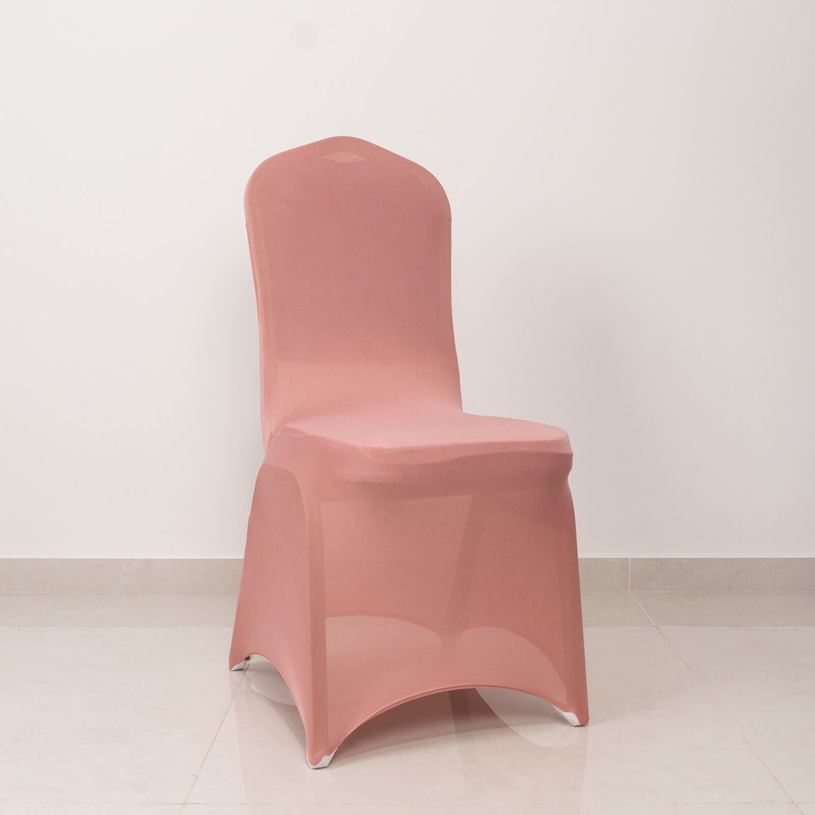 Dusty rose spandex banquet chair cover with silver rhinestone sash.