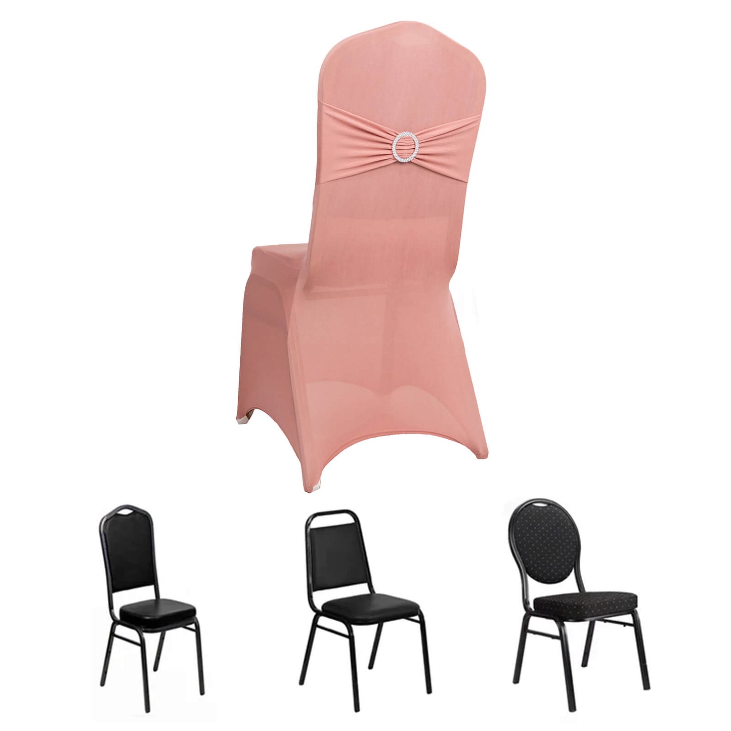 Dusty rose spandex banquet chair cover with silver rhinestone sash.