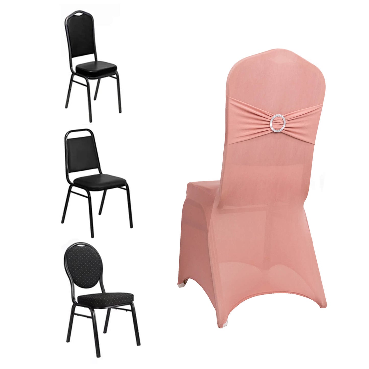 Dusty rose spandex banquet chair cover with silver rhinestone sash.