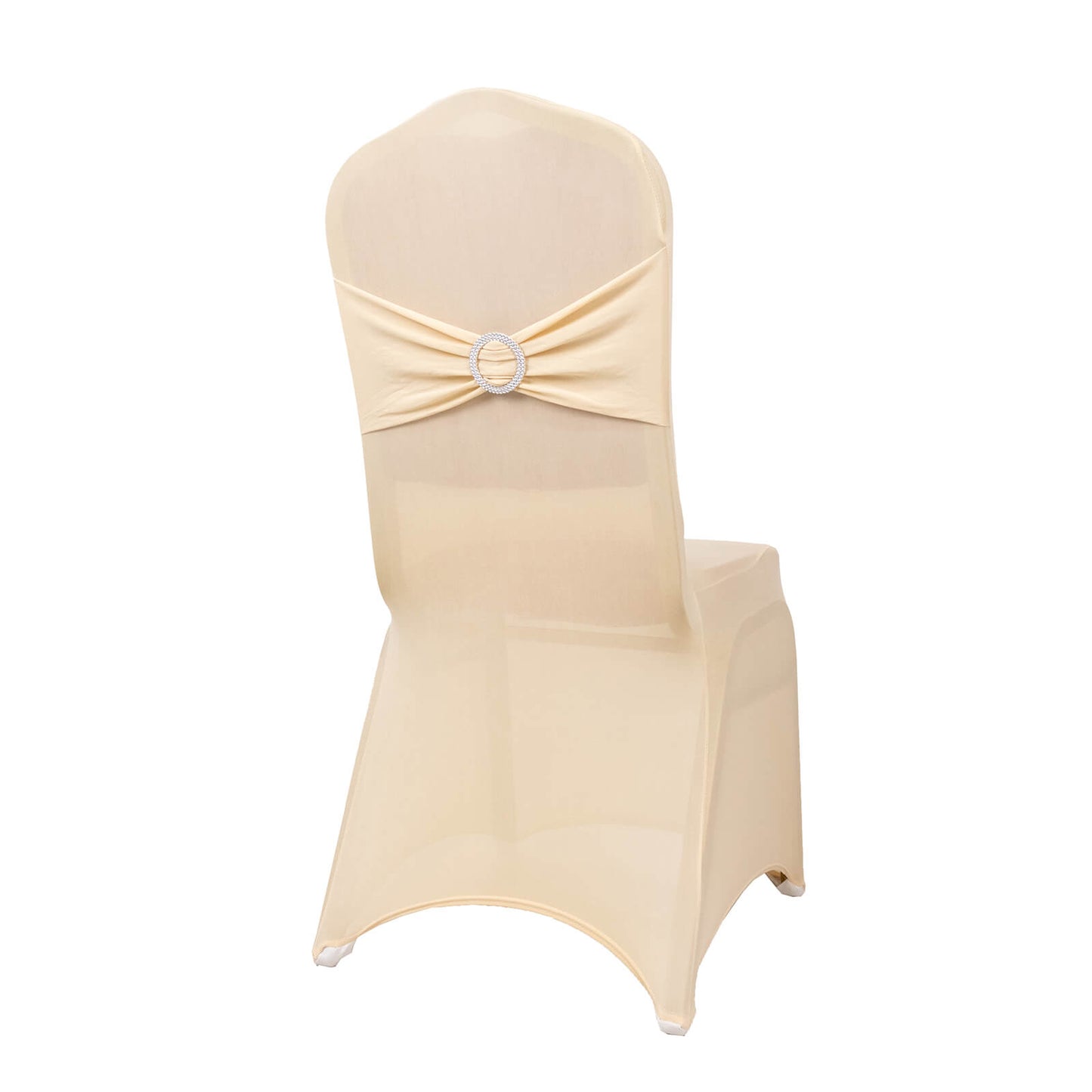 Beige Spandex Banquet Chair Cover with Silver Rhinestone Buckled Sash Band, Stretched Fitted Slip On Chair Cover