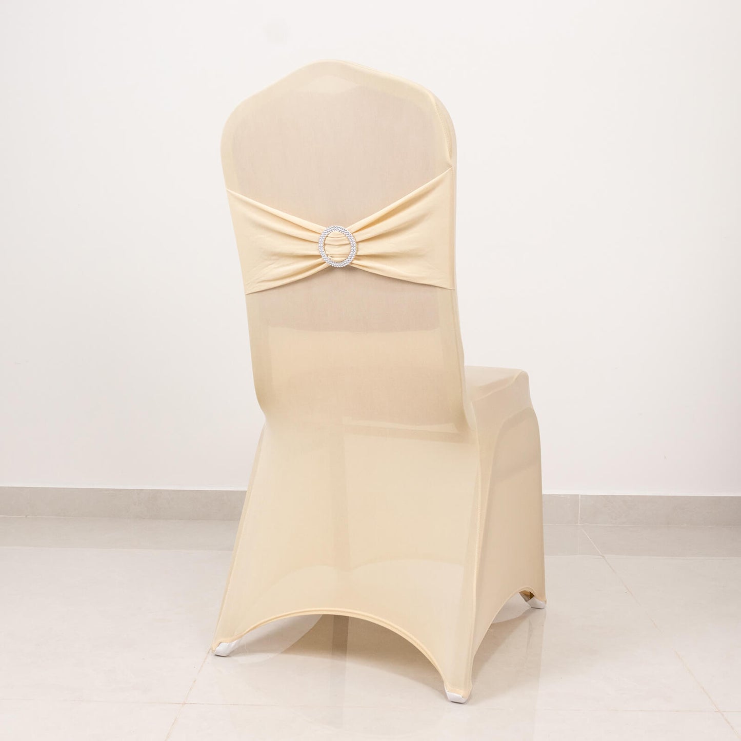 Beige Spandex Banquet Chair Cover with Silver Rhinestone Buckled Sash Band, Stretched Fitted Slip On Chair Cover