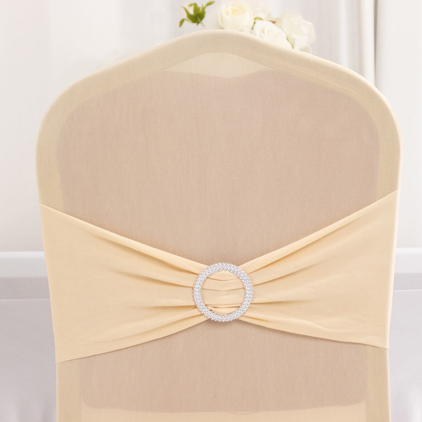 Beige Spandex Banquet Chair Cover with Silver Rhinestone Buckled Sash Band, Stretched Fitted Slip On Chair Cover