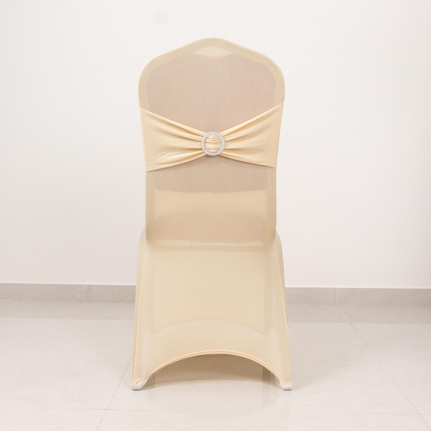Beige Spandex Banquet Chair Cover with Silver Rhinestone Buckled Sash Band, Stretched Fitted Slip On Chair Cover