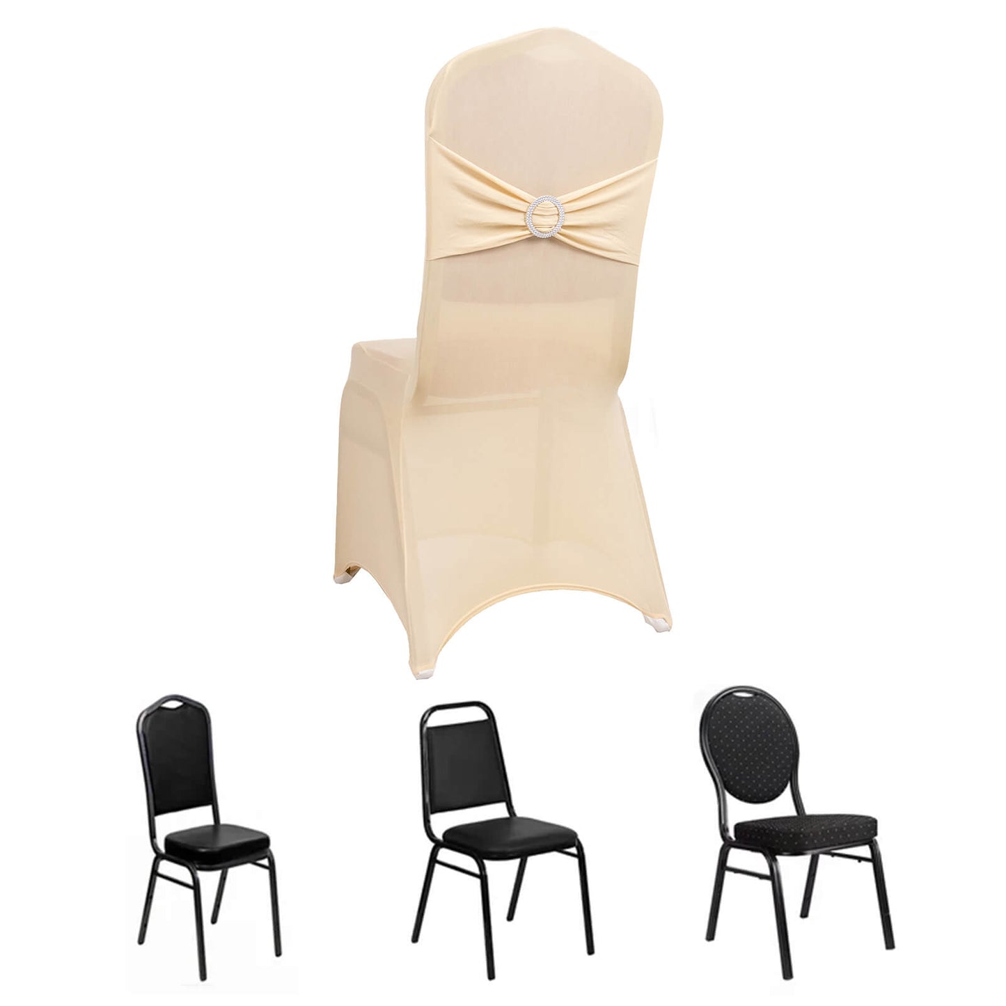 Beige Spandex Banquet Chair Cover with Silver Rhinestone Buckled Sash Band, Stretched Fitted Slip On Chair Cover