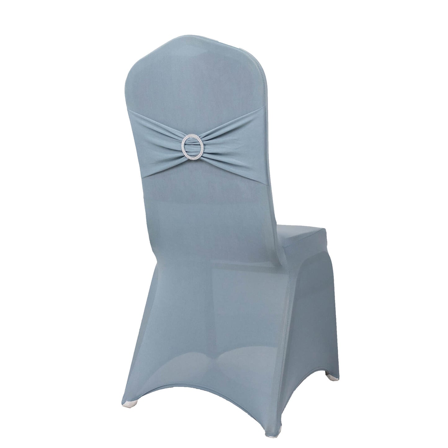 Dusty blue spandex banquet chair cover with silver rhinestone buckle.