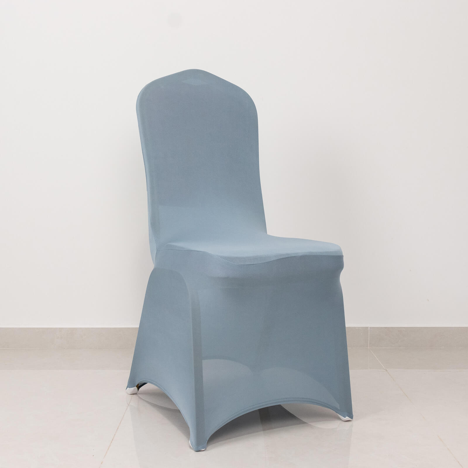 Dusty blue spandex banquet chair cover with silver rhinestone detailing.