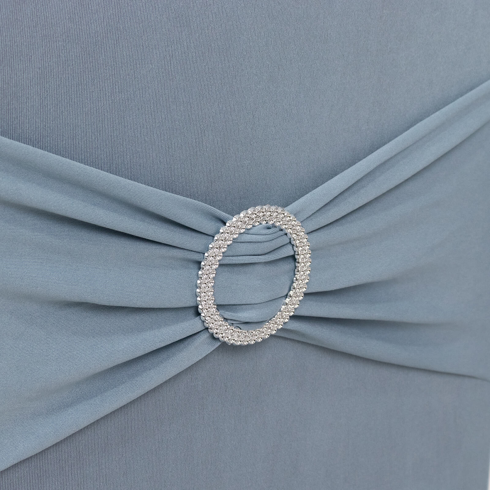 Dusty blue banquet chair cover with silver rhinestone sash.