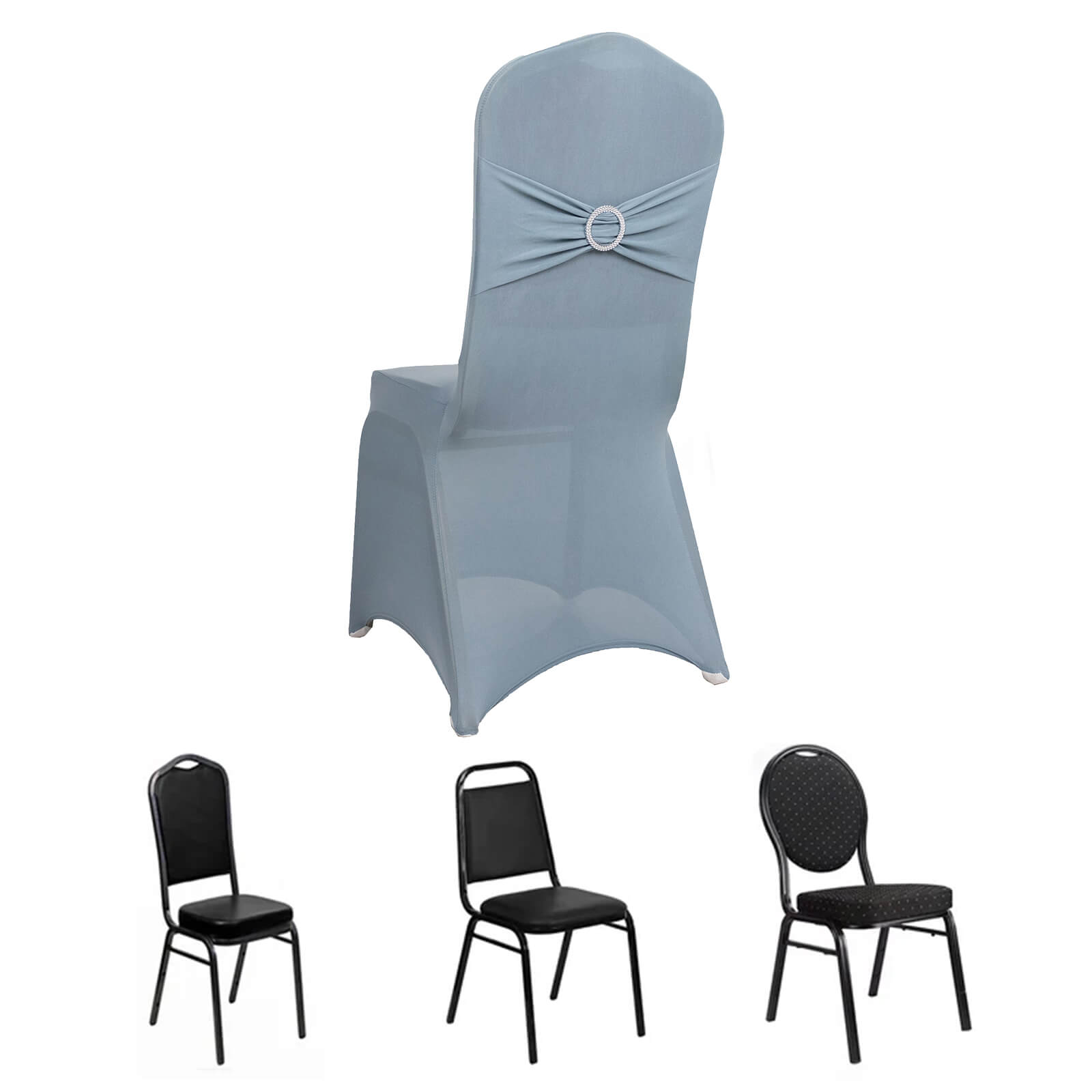 Dusty blue spandex banquet chair cover with silver rhinestone sash.