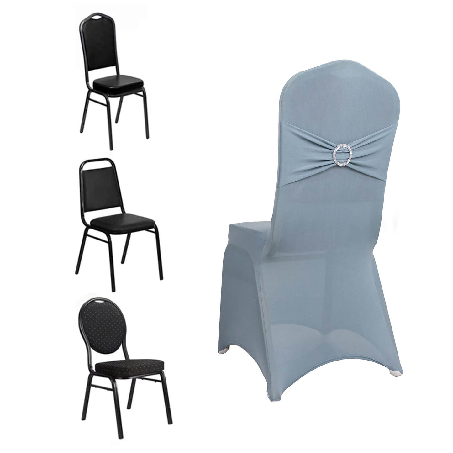 Dusty blue spandex banquet chair cover with silver rhinestone sash.