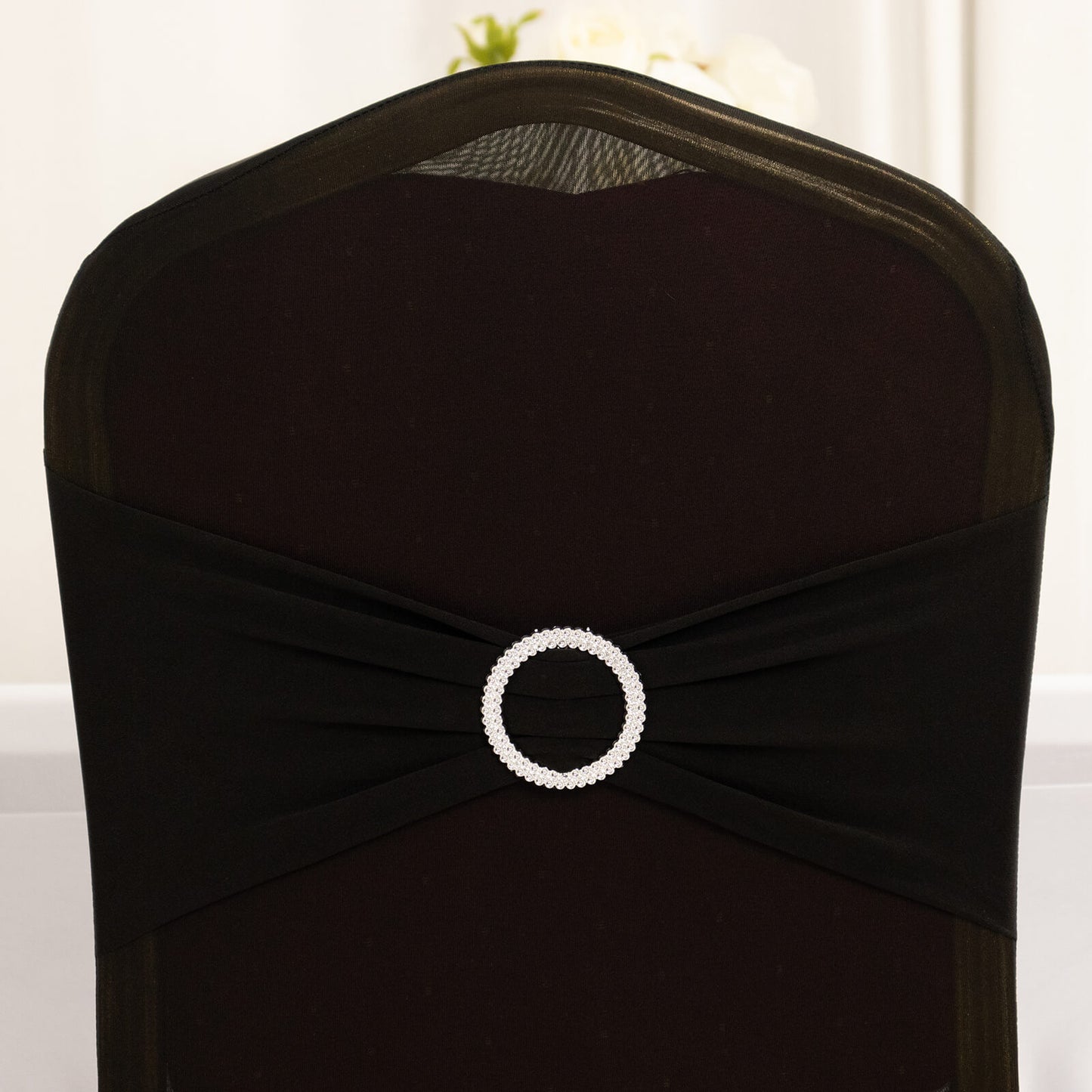 Black Spandex Banquet Chair Cover with Silver Rhinestone Buckled Sash Band, Stretched Fitted Slip On Chair Cover