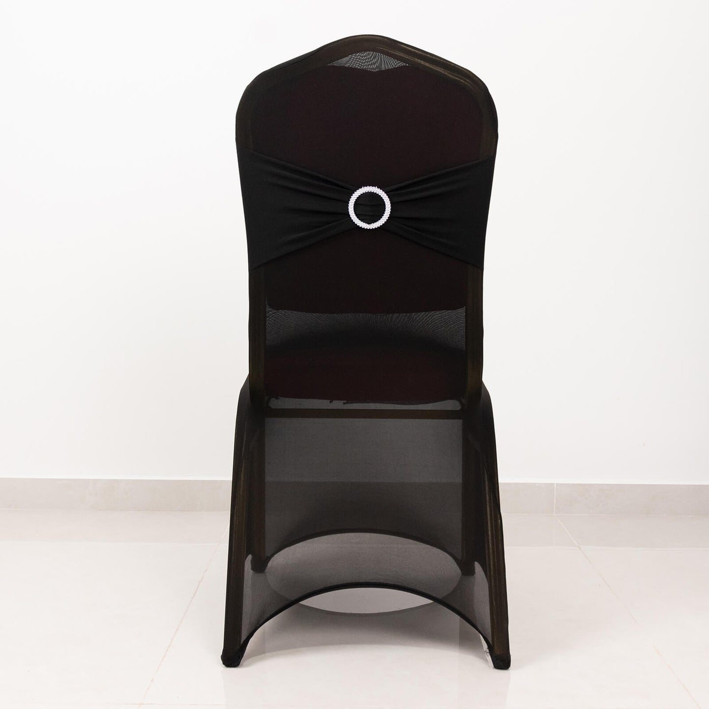 Black Spandex Banquet Chair Cover with Silver Rhinestone Buckled Sash Band, Stretched Fitted Slip On Chair Cover