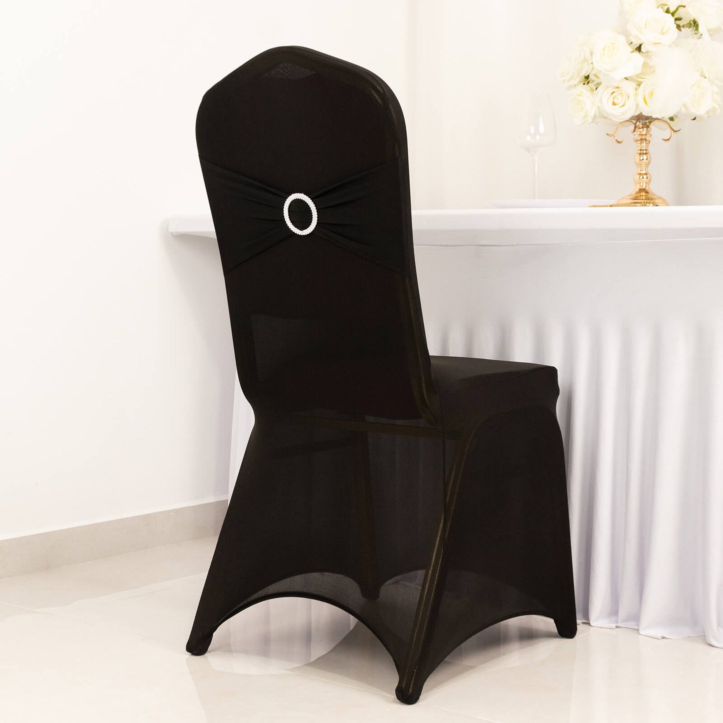 Black Spandex Banquet Chair Cover with Silver Rhinestone Buckled Sash Band, Stretched Fitted Slip On Chair Cover