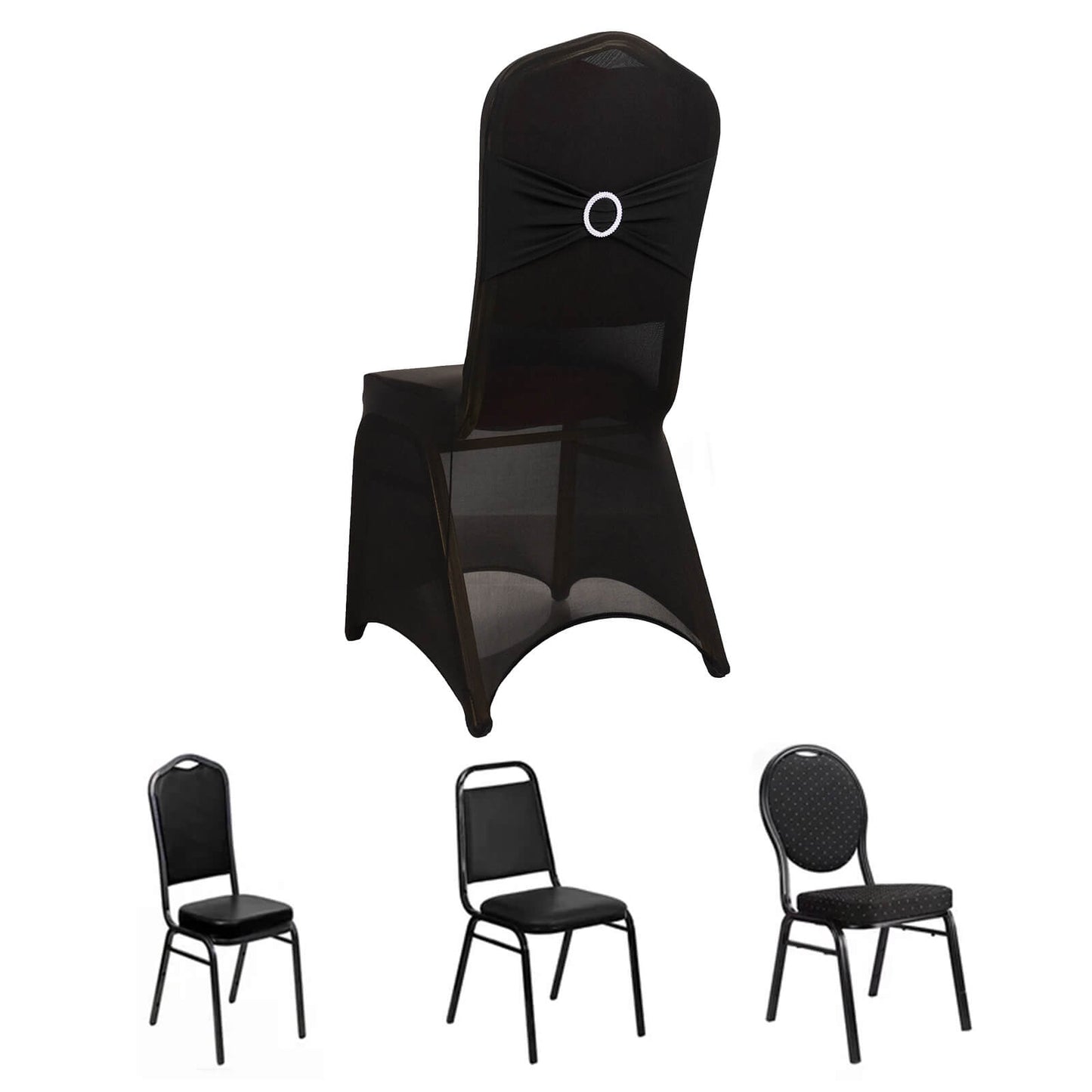 Black Spandex Banquet Chair Cover with Silver Rhinestone Buckled Sash Band, Stretched Fitted Slip On Chair Cover