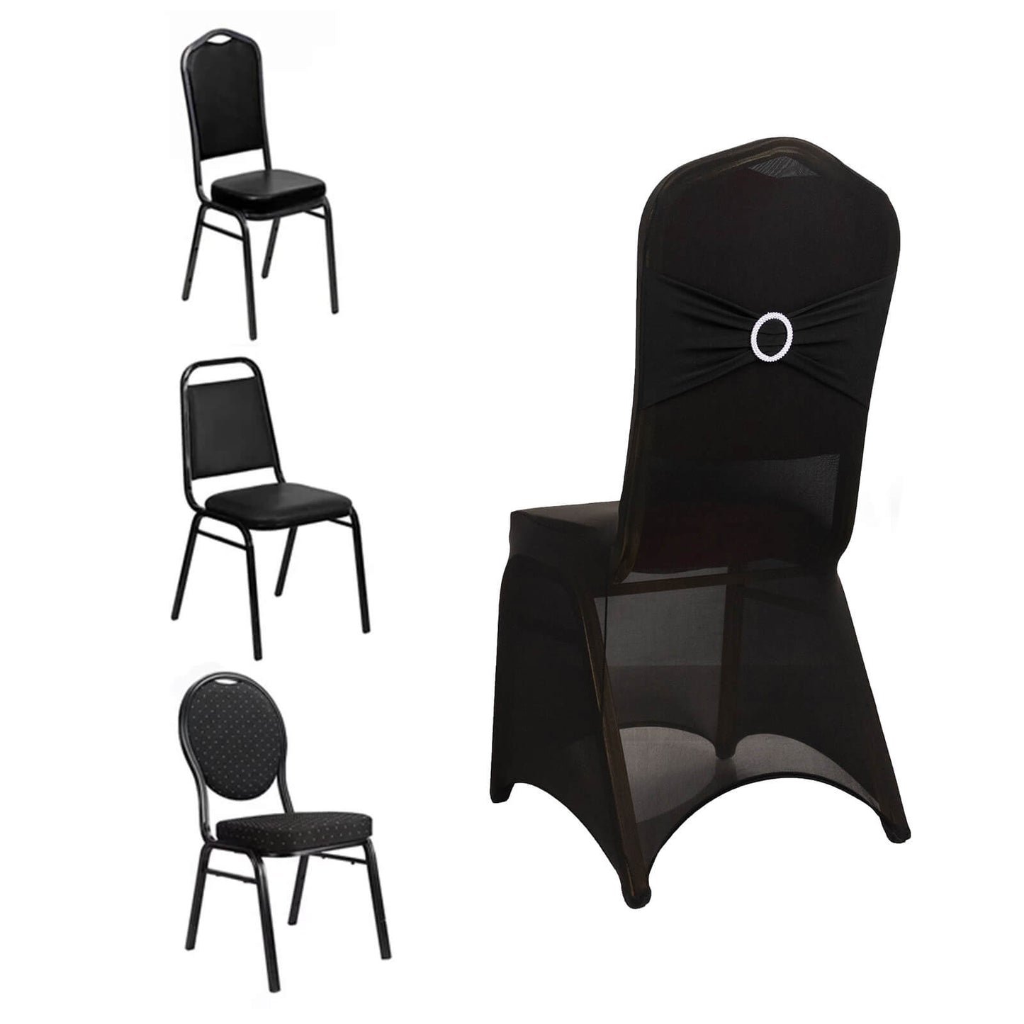 Black Spandex Banquet Chair Cover with Silver Rhinestone Buckled Sash Band, Stretched Fitted Slip On Chair Cover