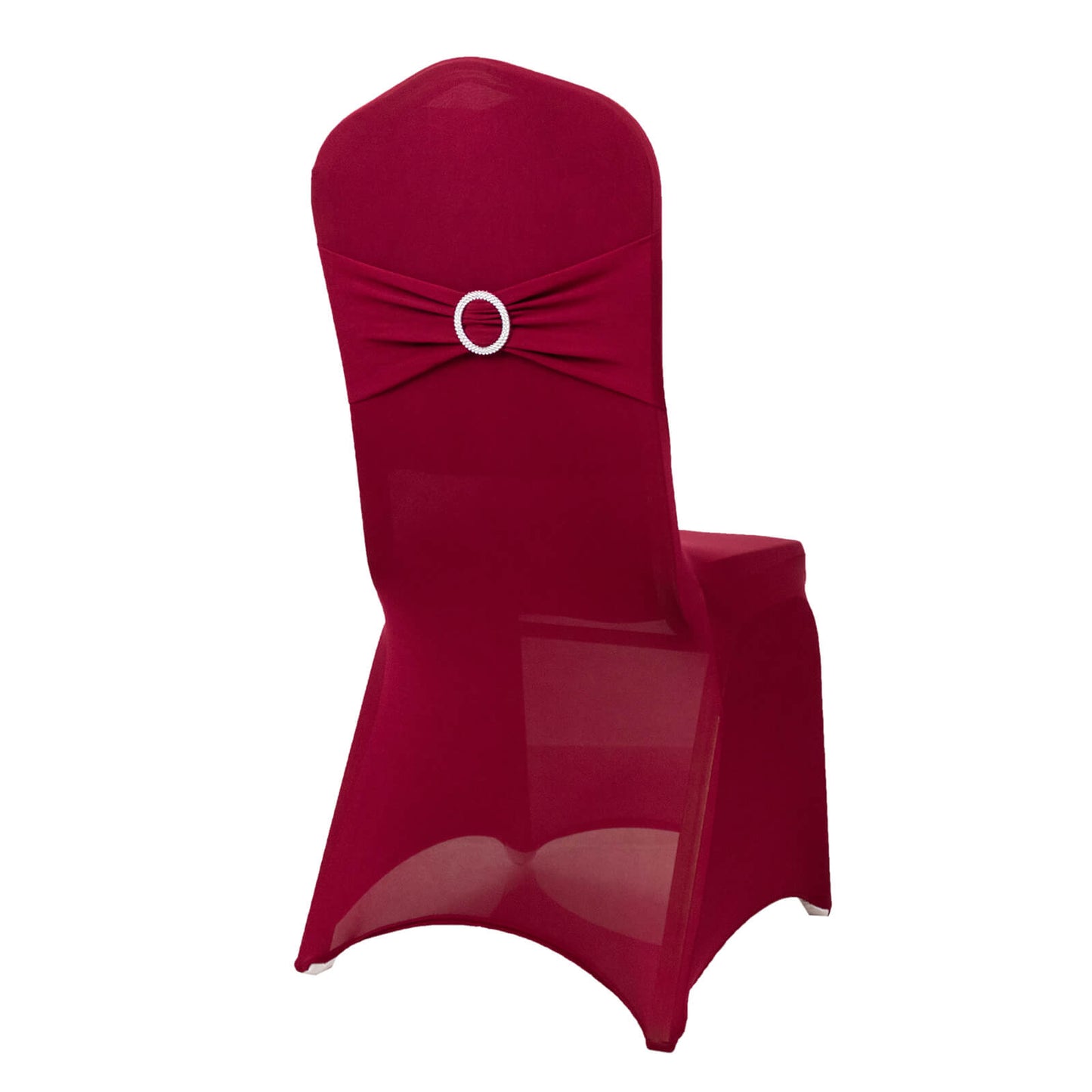 Burgundy Spandex Banquet Chair Cover with Silver Rhinestone Buckled Sash Band, Stretched Fitted Slip On Chair Cover