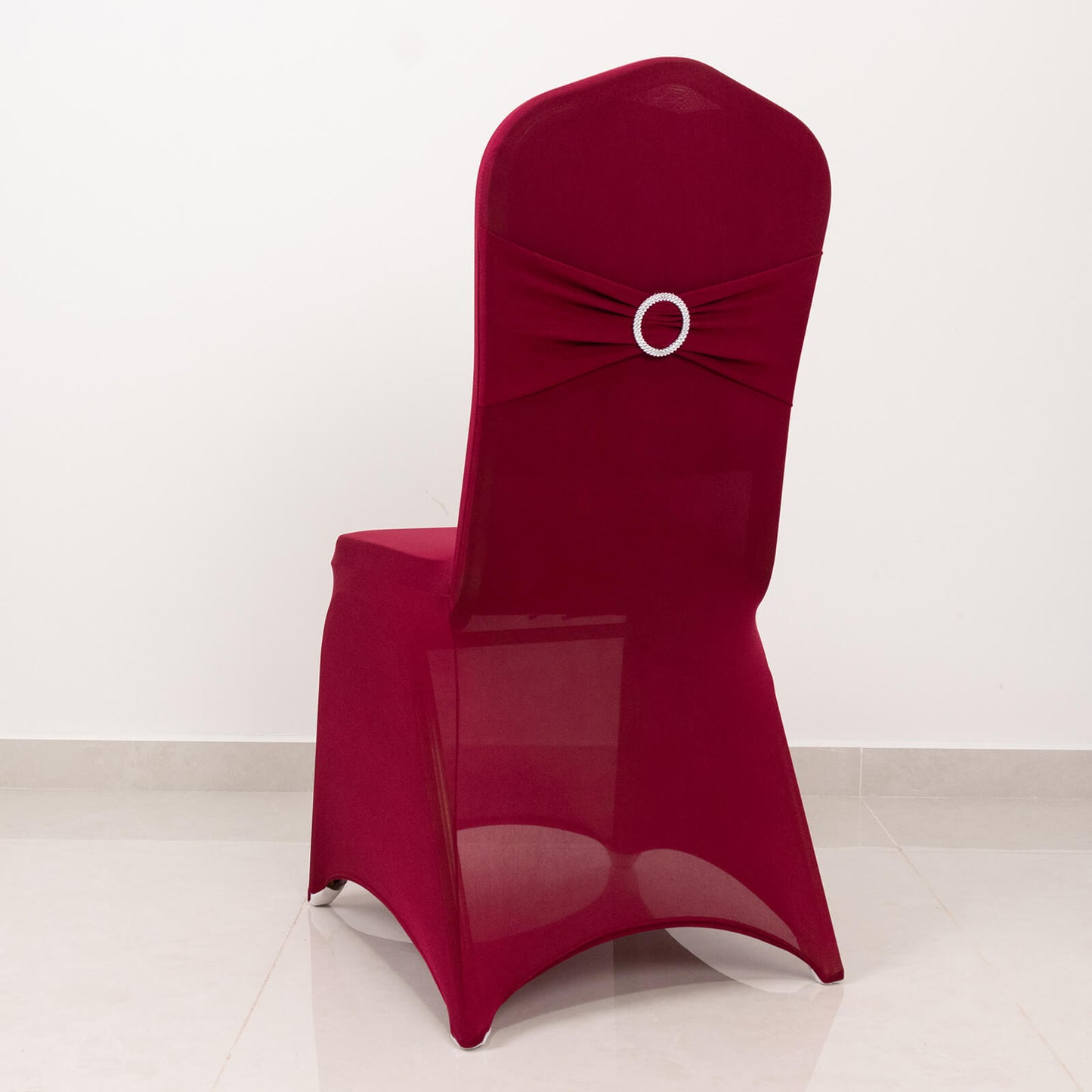 Burgundy Spandex Banquet Chair Cover with Silver Rhinestone Buckled Sash Band, Stretched Fitted Slip On Chair Cover