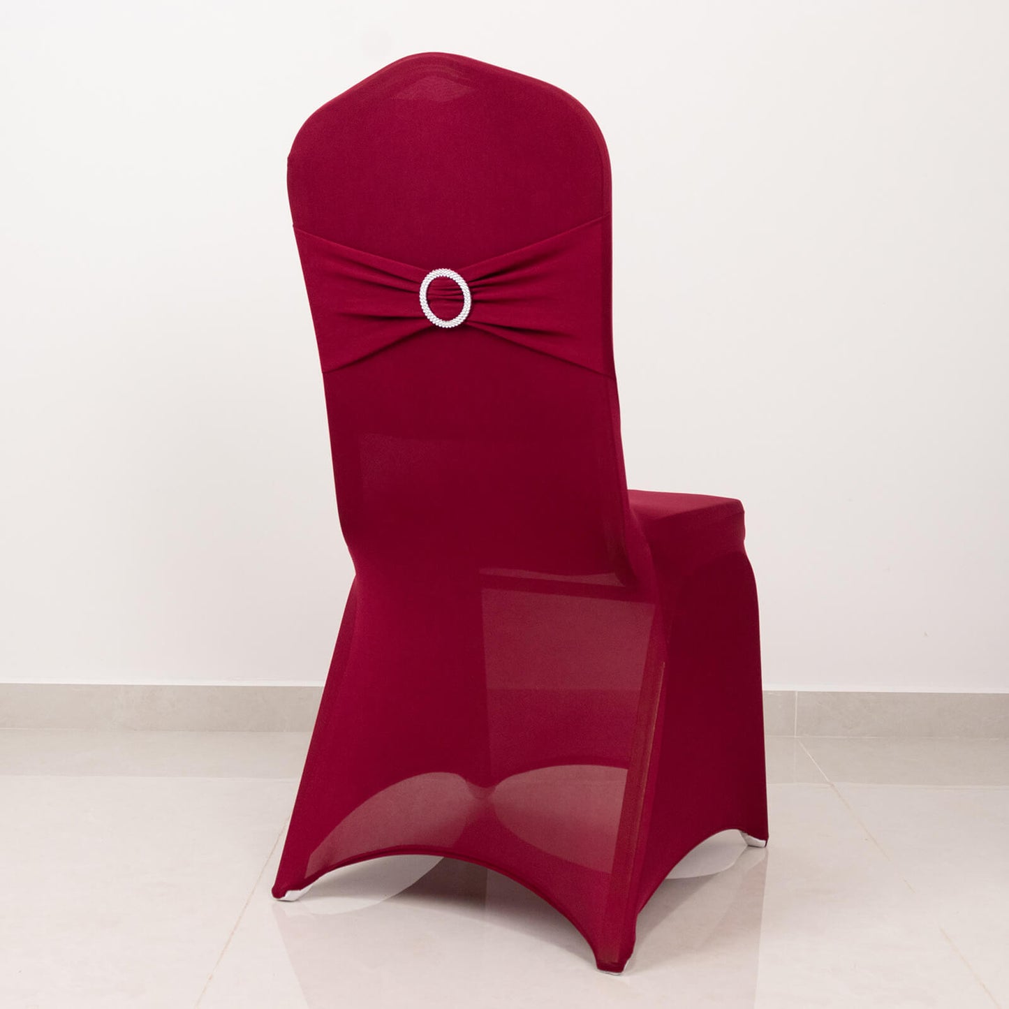 Burgundy Spandex Banquet Chair Cover with Silver Rhinestone Buckled Sash Band, Stretched Fitted Slip On Chair Cover