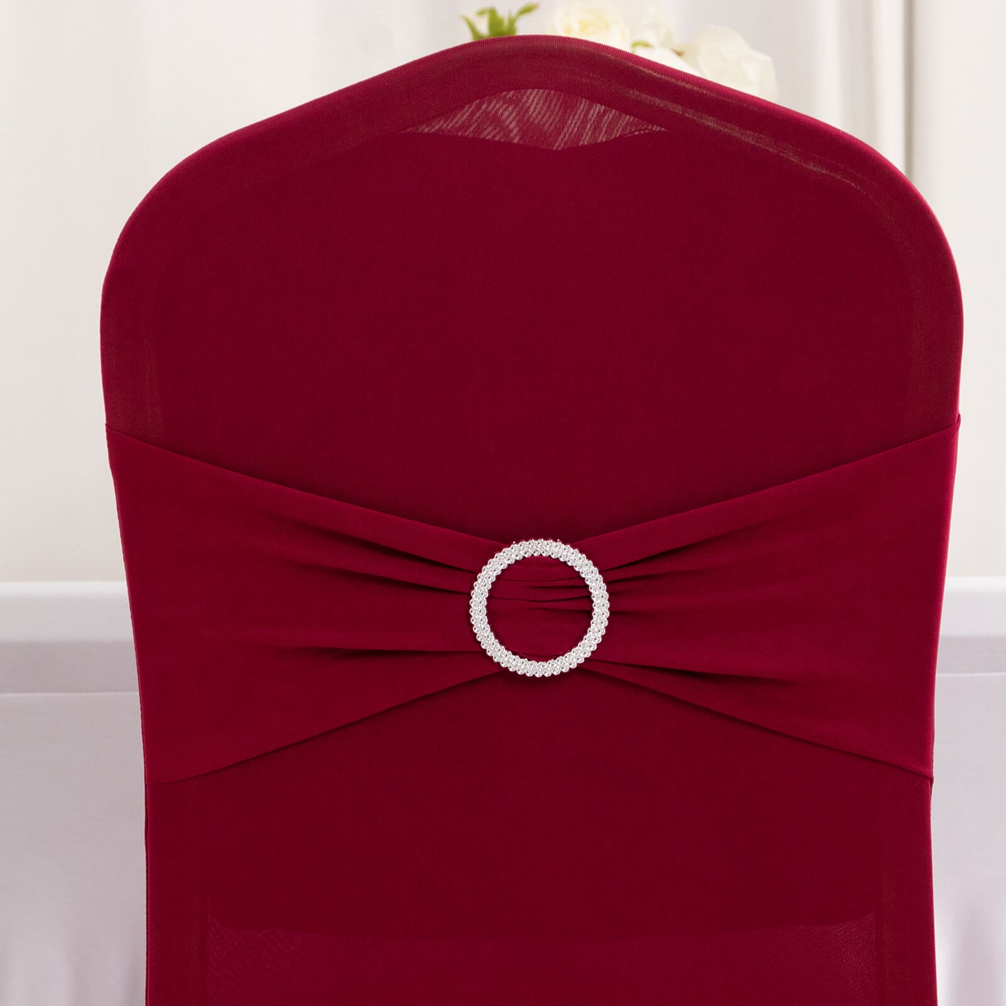 Burgundy Spandex Banquet Chair Cover with Silver Rhinestone Buckled Sash Band, Stretched Fitted Slip On Chair Cover