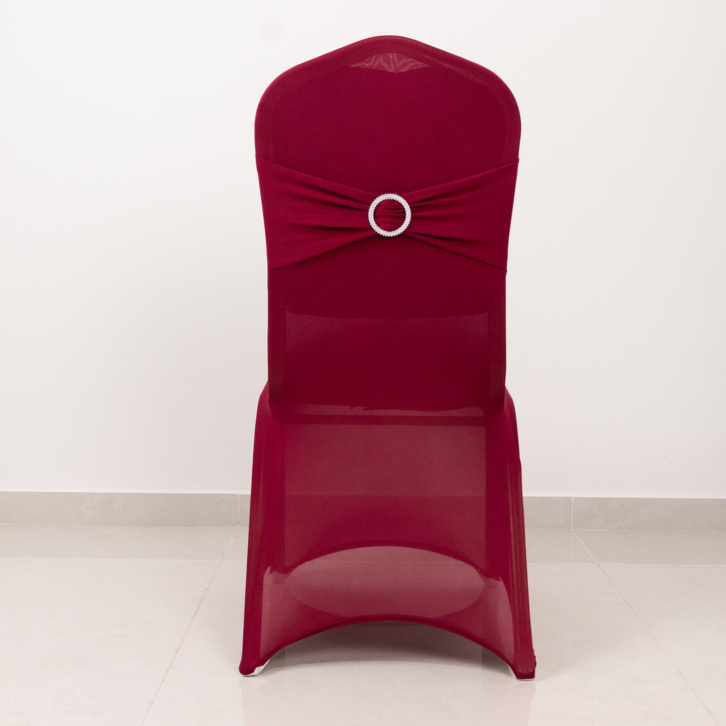 Burgundy Spandex Banquet Chair Cover with Silver Rhinestone Buckled Sash Band, Stretched Fitted Slip On Chair Cover