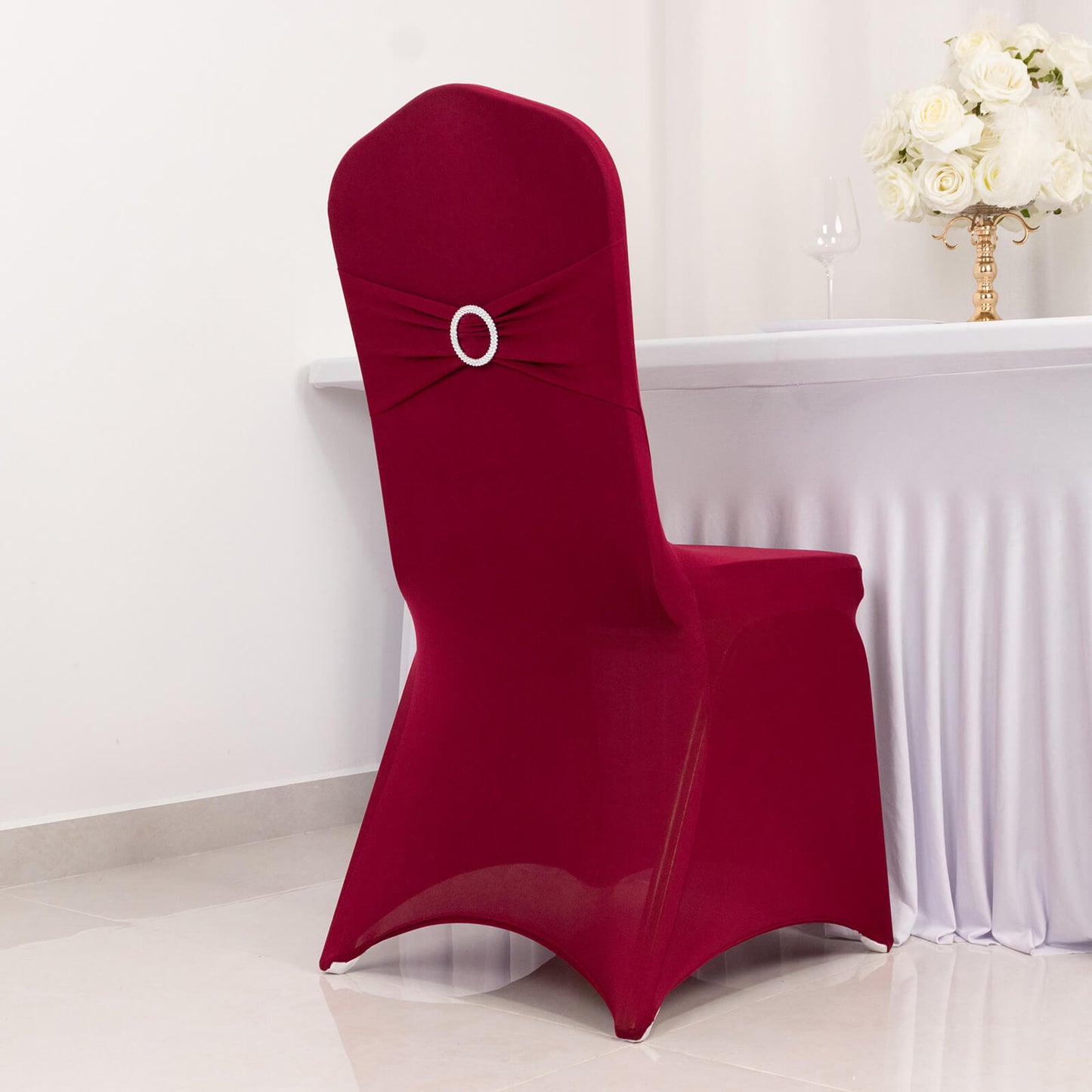 Burgundy Spandex Banquet Chair Cover with Silver Rhinestone Buckled Sash Band, Stretched Fitted Slip On Chair Cover