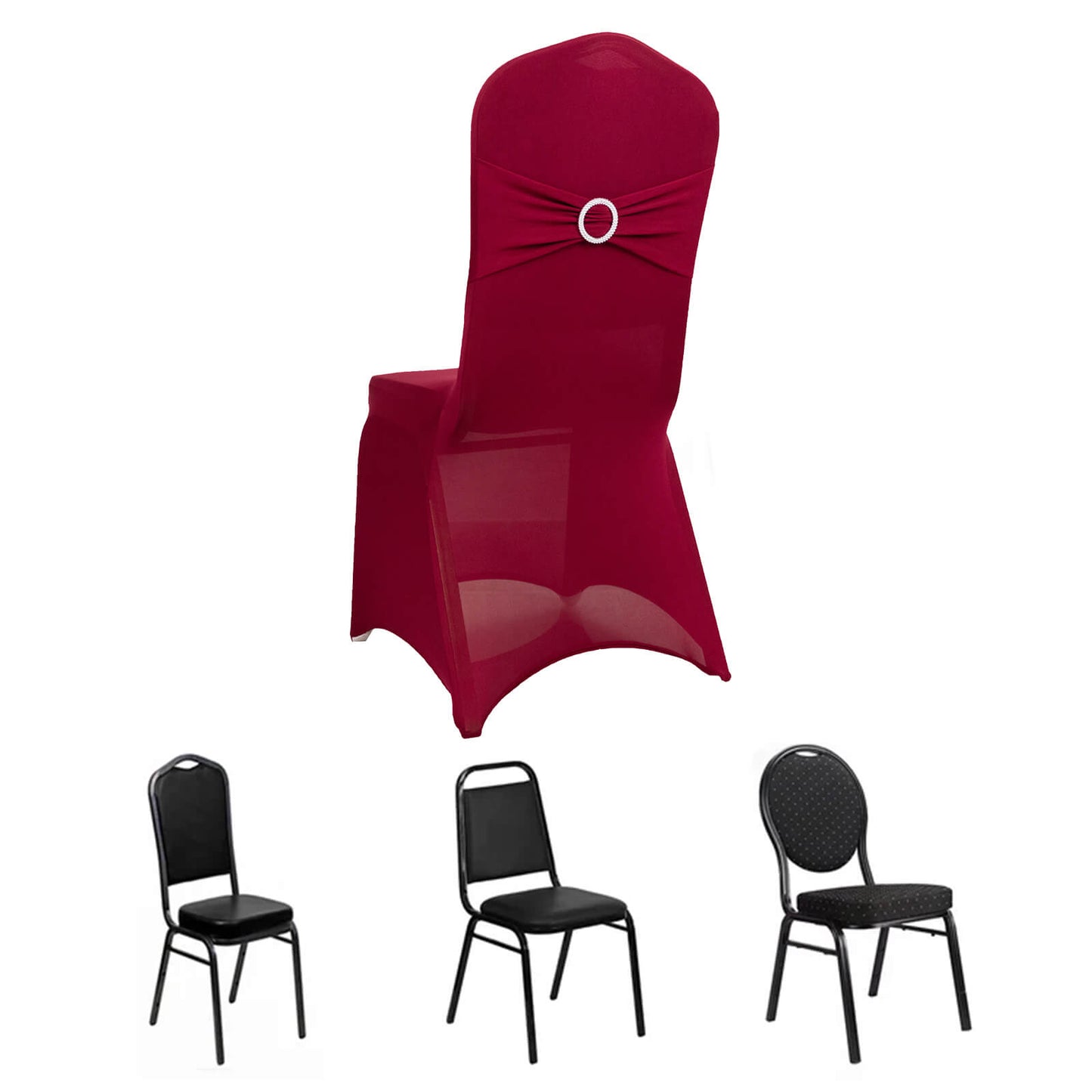 Burgundy Spandex Banquet Chair Cover with Silver Rhinestone Buckled Sash Band, Stretched Fitted Slip On Chair Cover