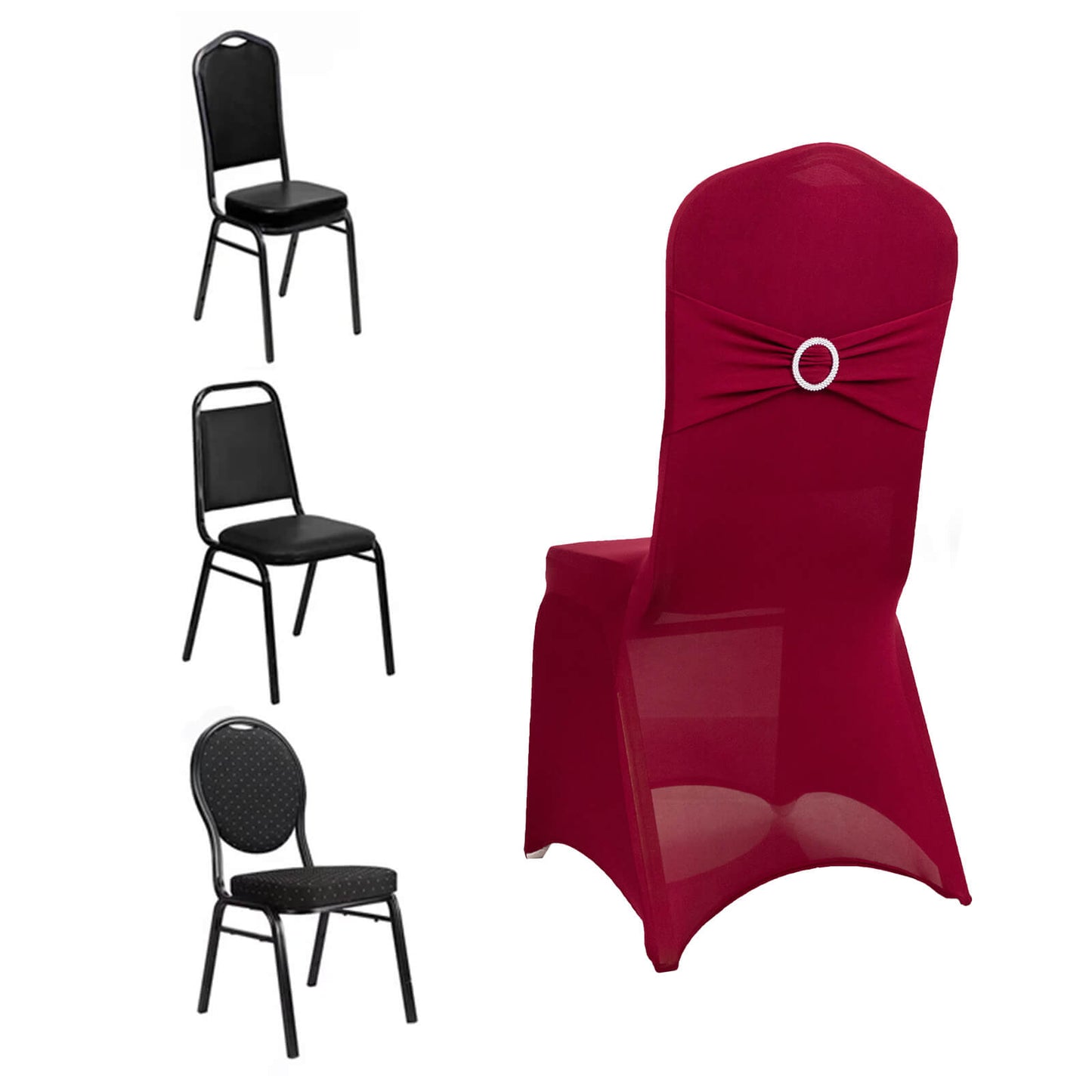 Burgundy Spandex Banquet Chair Cover with Silver Rhinestone Buckled Sash Band, Stretched Fitted Slip On Chair Cover