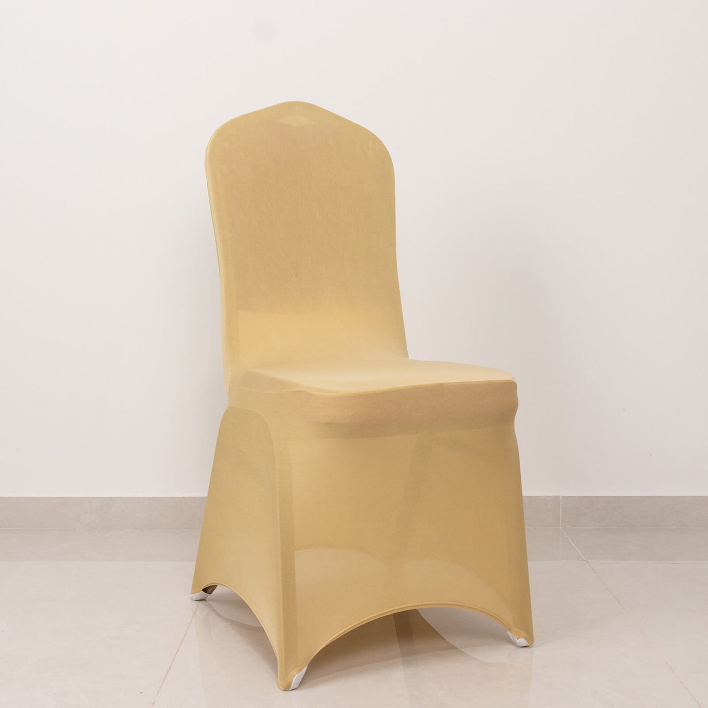 Champagne spandex banquet chair cover with silver rhinestone sash.
