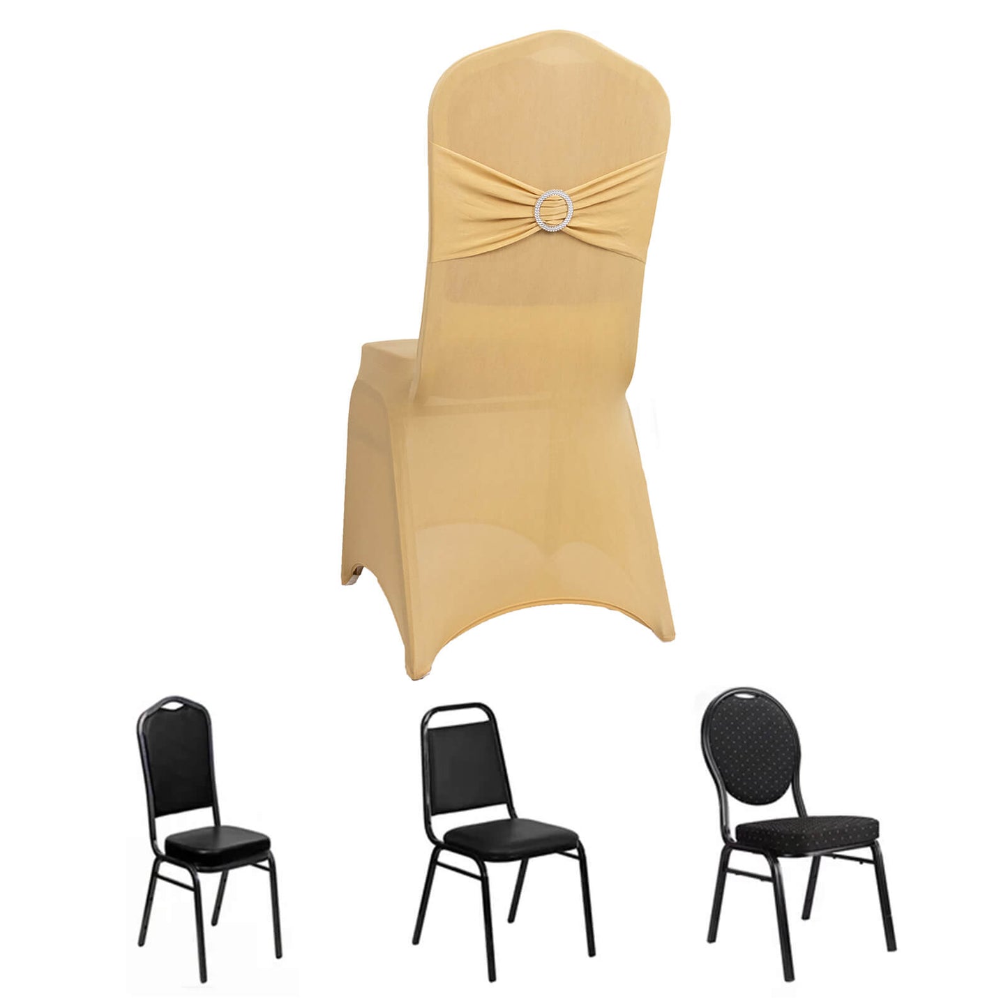 Champagne spandex banquet chair cover with silver buckle detail.