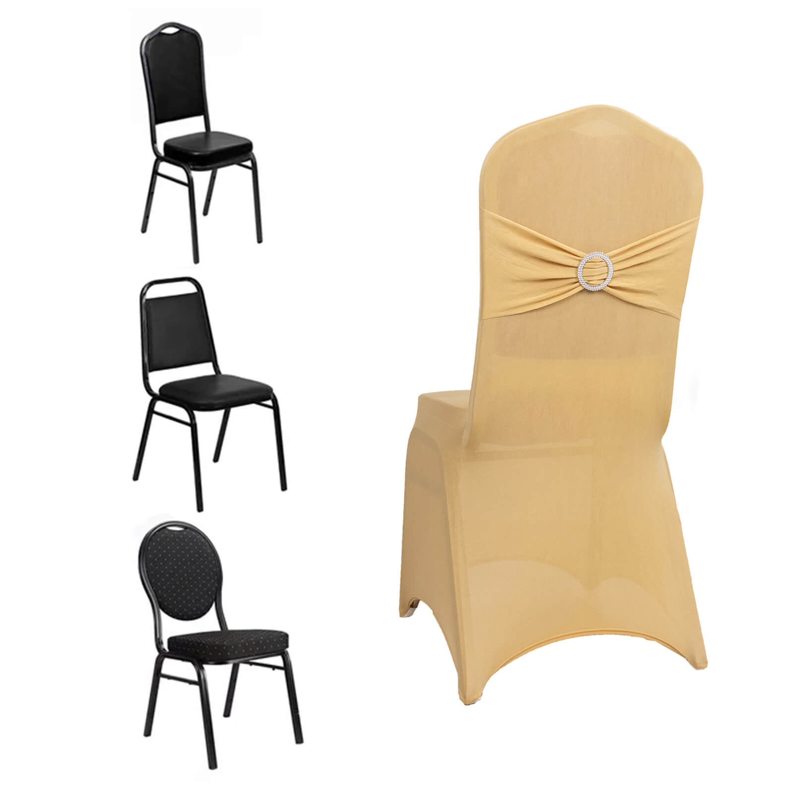 Champagne spandex banquet chair cover with rhinestone sash.