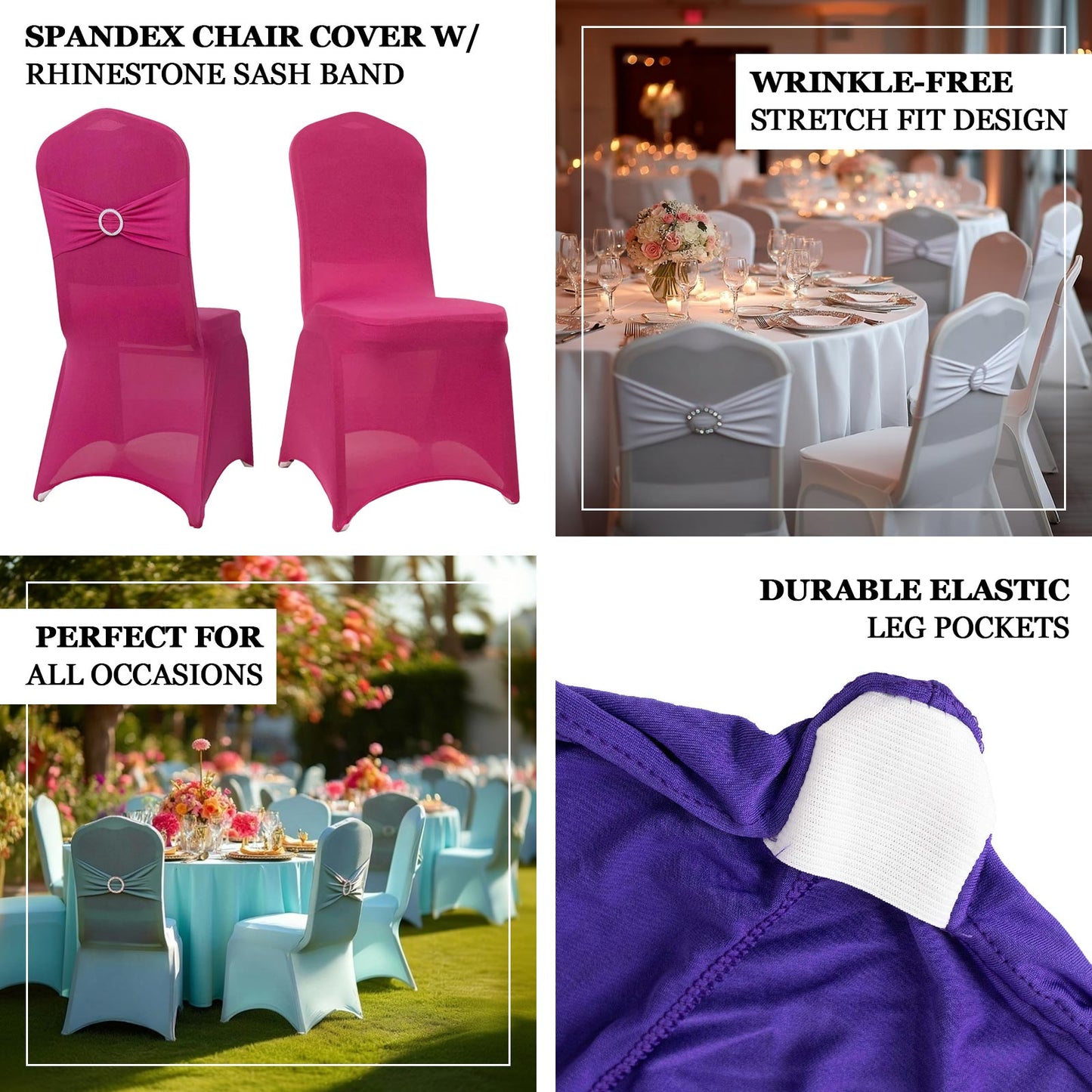 Purple spandex banquet chair cover with rhinestone buckled sash band.