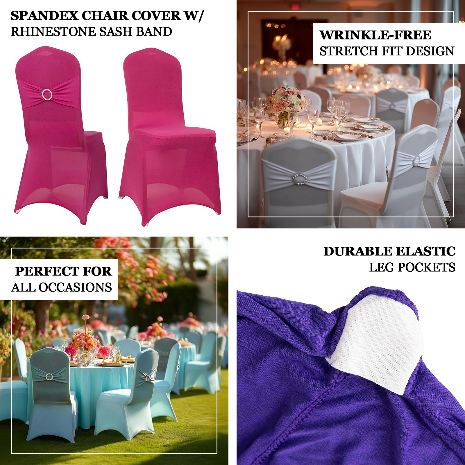 Purple spandex banquet chair cover with rhinestone sash, fitted design for events.